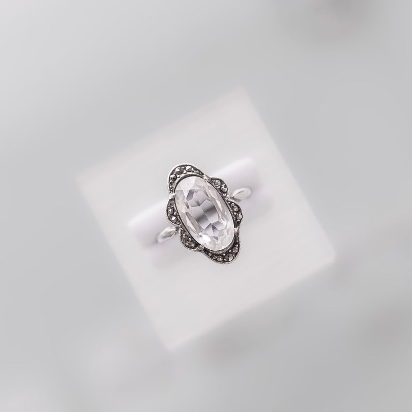 C.1920-1940|Oval Clear Glass and Marcasite Silver Ring