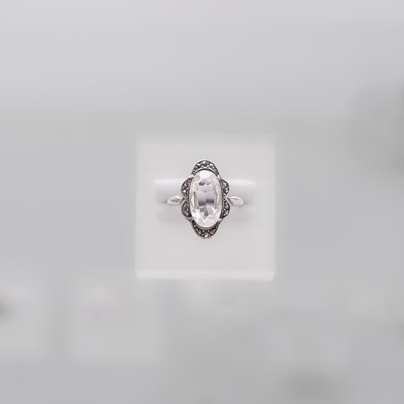 C.1920-1940|Oval Clear Glass and Marcasite Silver Ring