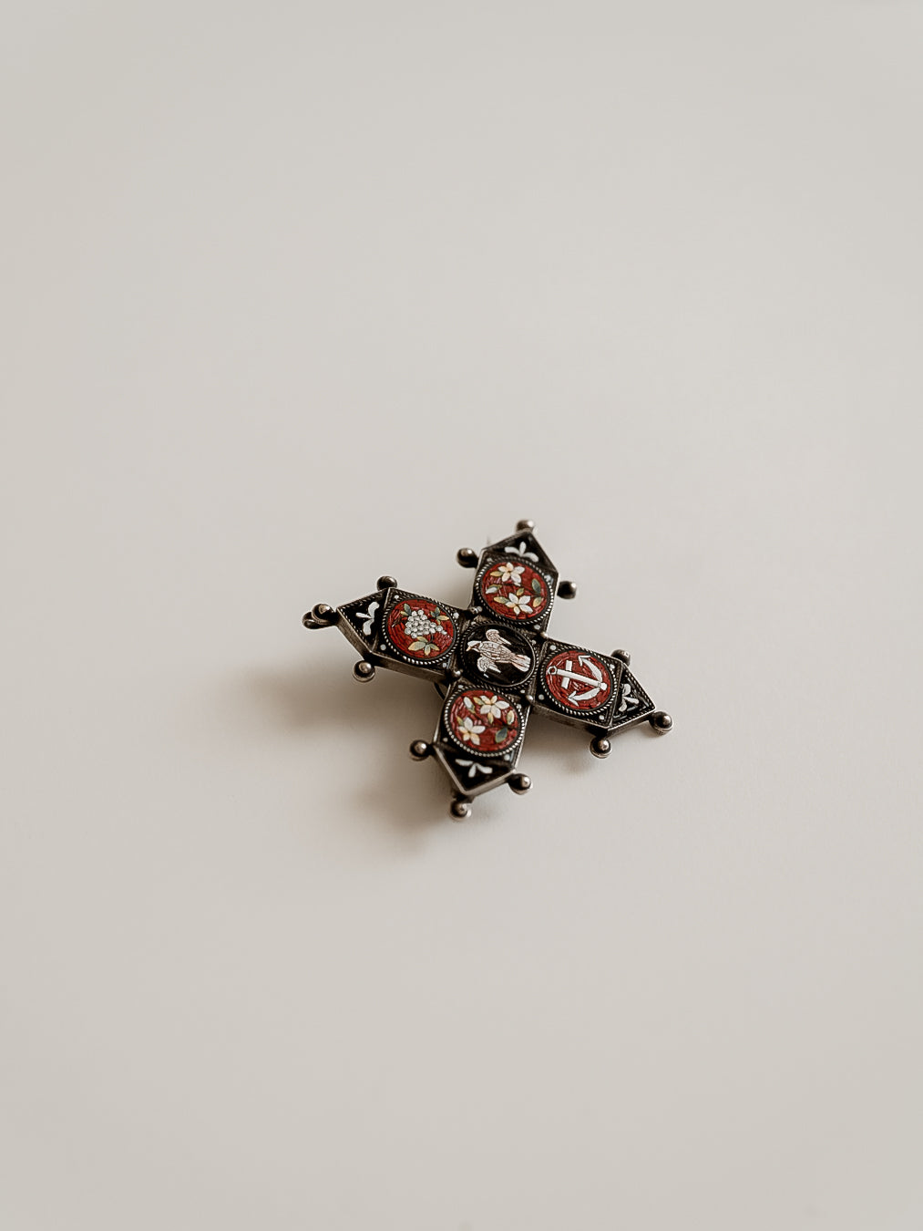 C.1900|Micro‑mosaic cross brooch with symbolic motifs, and a hidden compartment