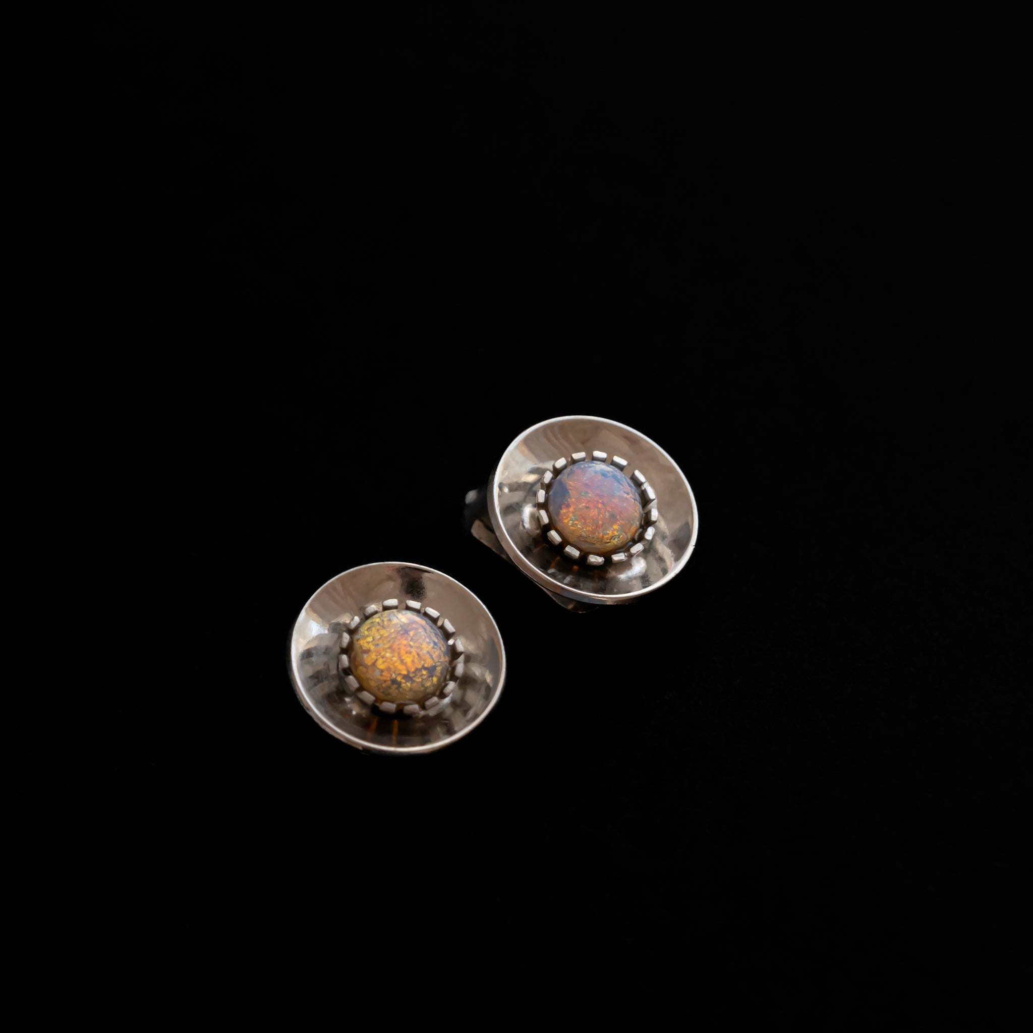 Fire Pink Opal Glass Silver Tone Earrings