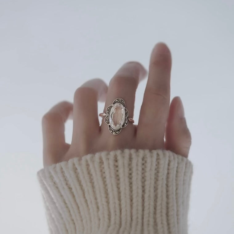 C.1920-1940|Oval Clear Glass and Marcasite Silver Ring