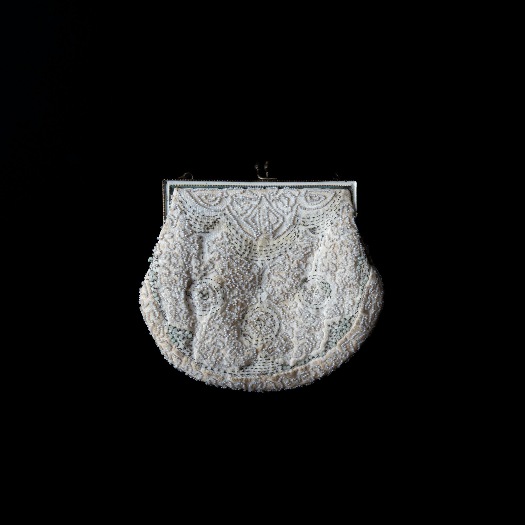 C.1930|French White Micro Beaded Hand Embroidered Purse