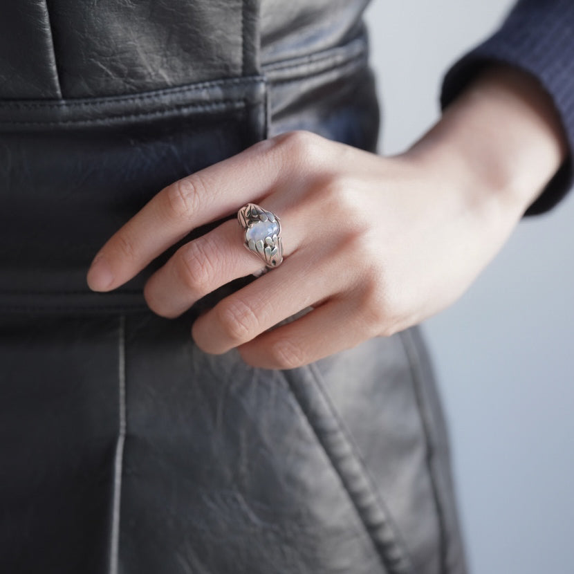 C.1970 | French Silver Angel Wings Ring with Moonstone