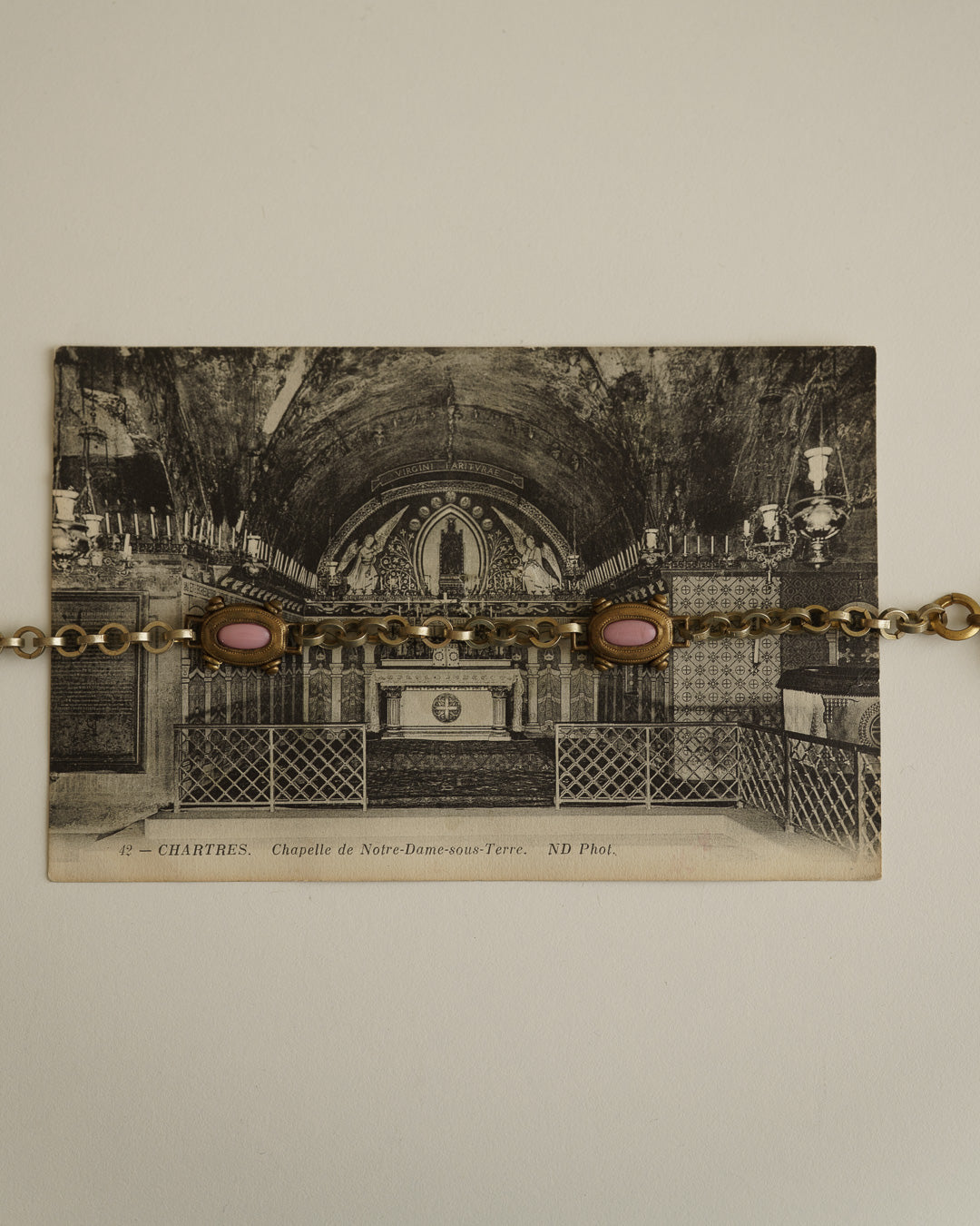 C.1920|Pink Glass & Brass Watch Chain Bracelet