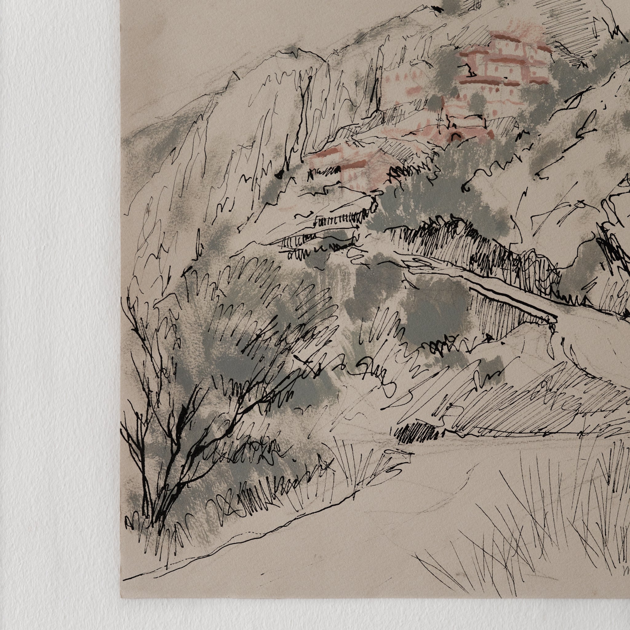 C.1970-1980 | French Cliffside Hamlet — Pen & Wash Drawing