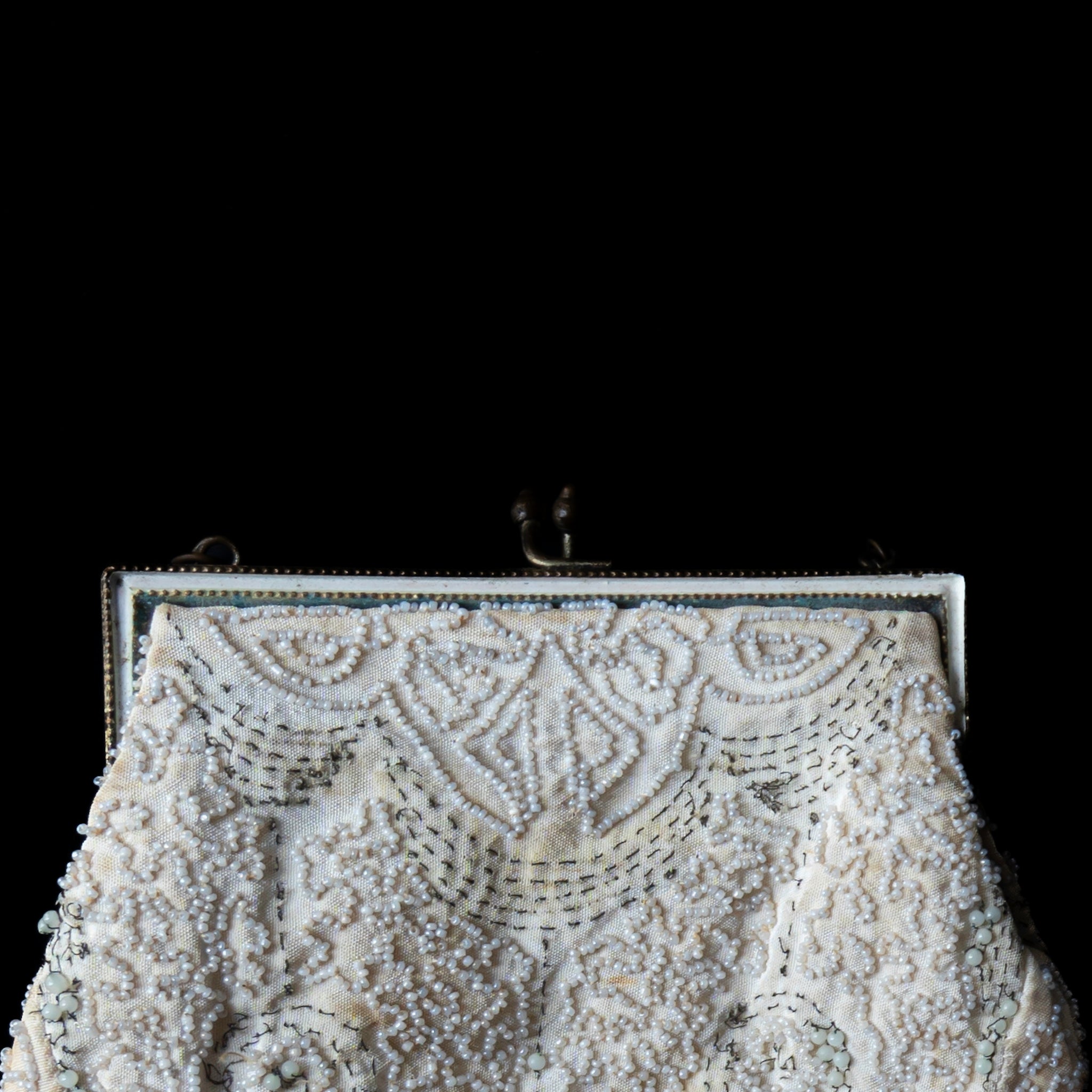 C.1930|French White Micro Beaded Hand Embroidered Purse