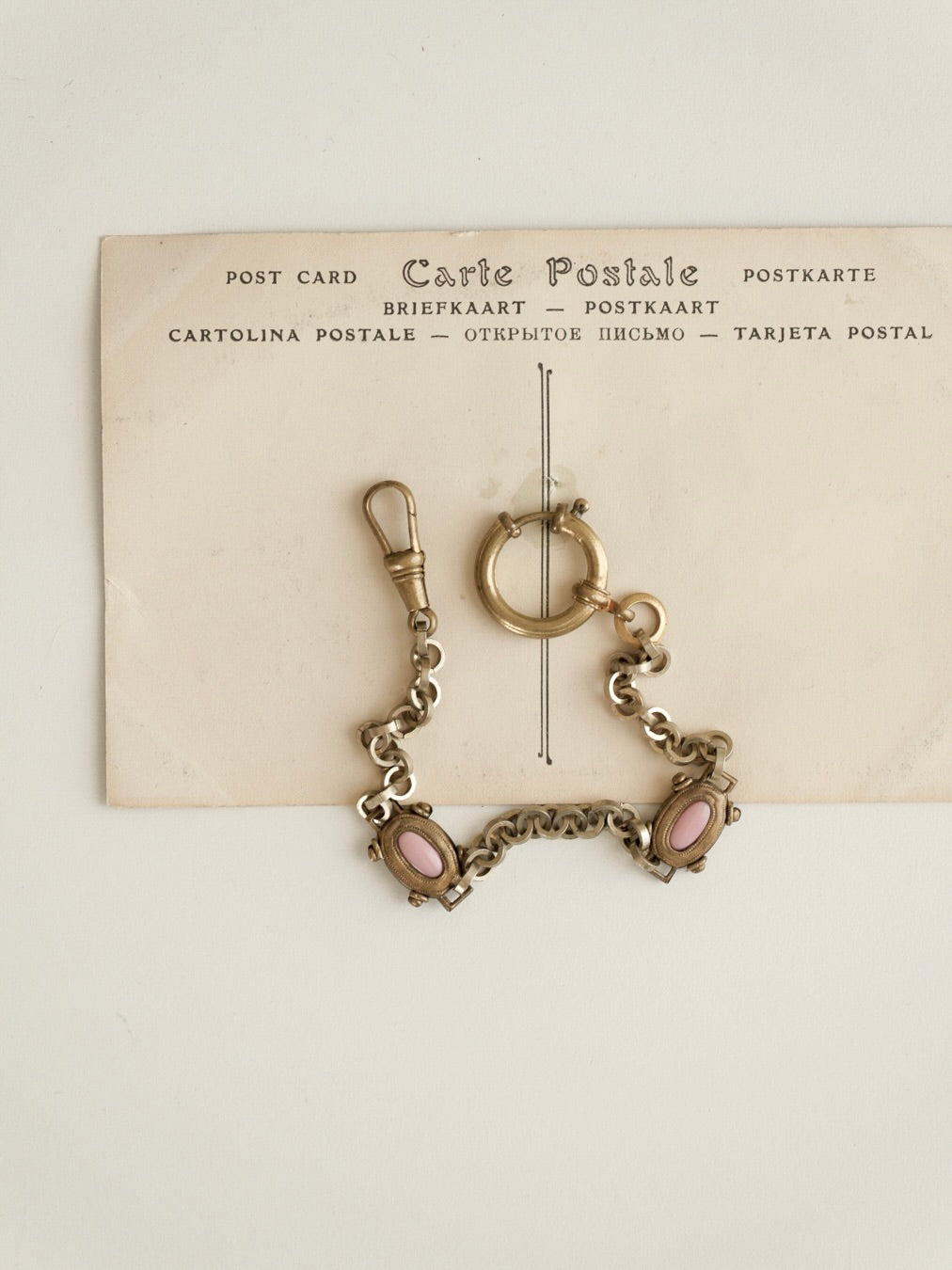 C.1920|Pink Glass & Brass Watch Chain Bracelet