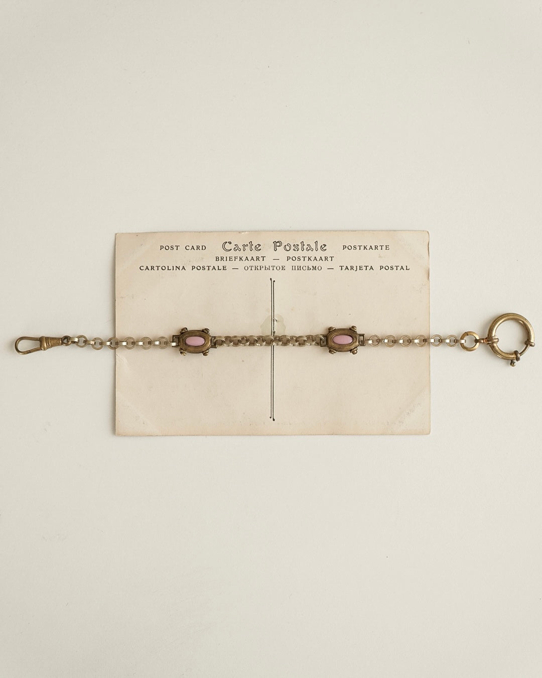 C.1920|Pink Glass & Brass Watch Chain Bracelet
