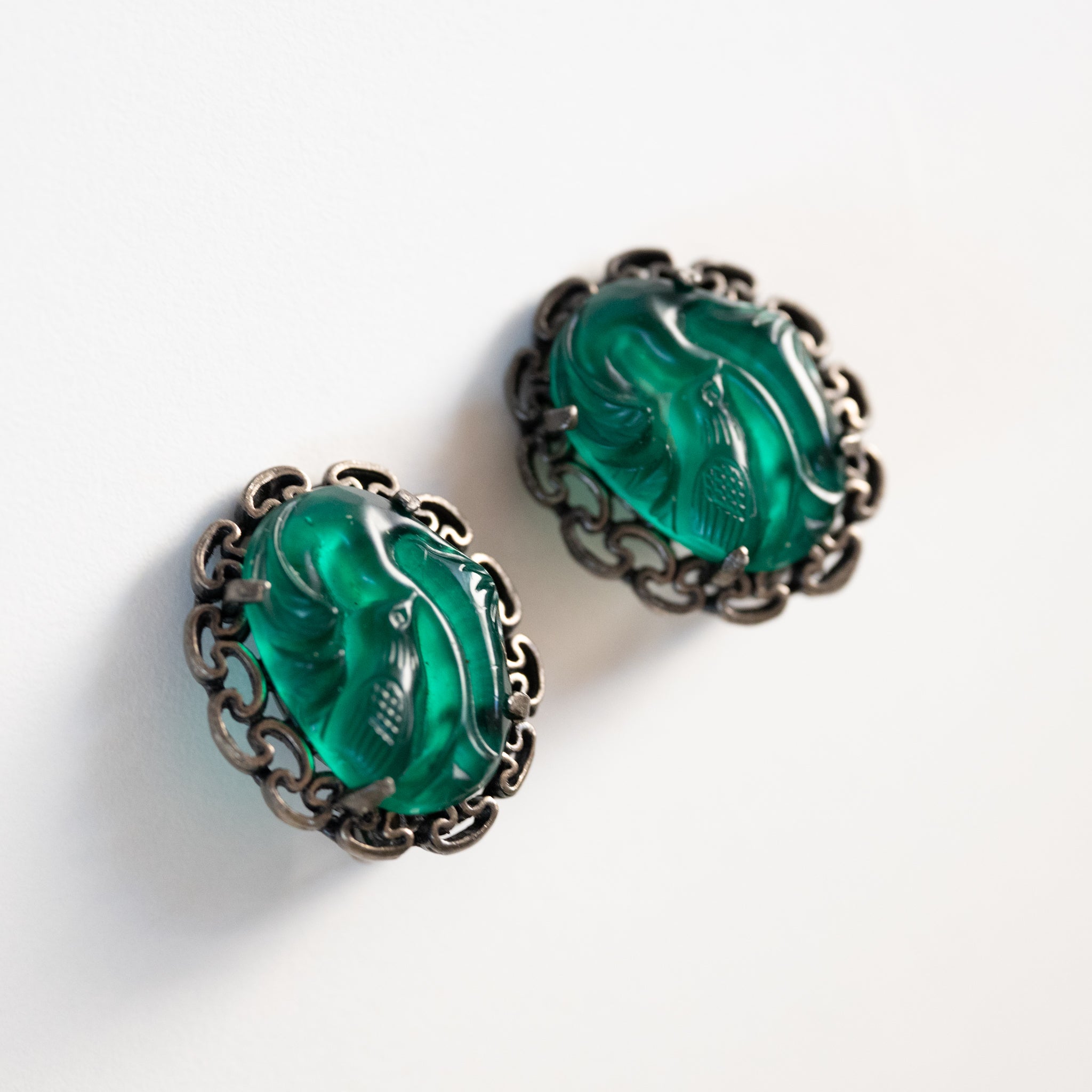 Chinoiserie Green Glass Little Bird Earrings