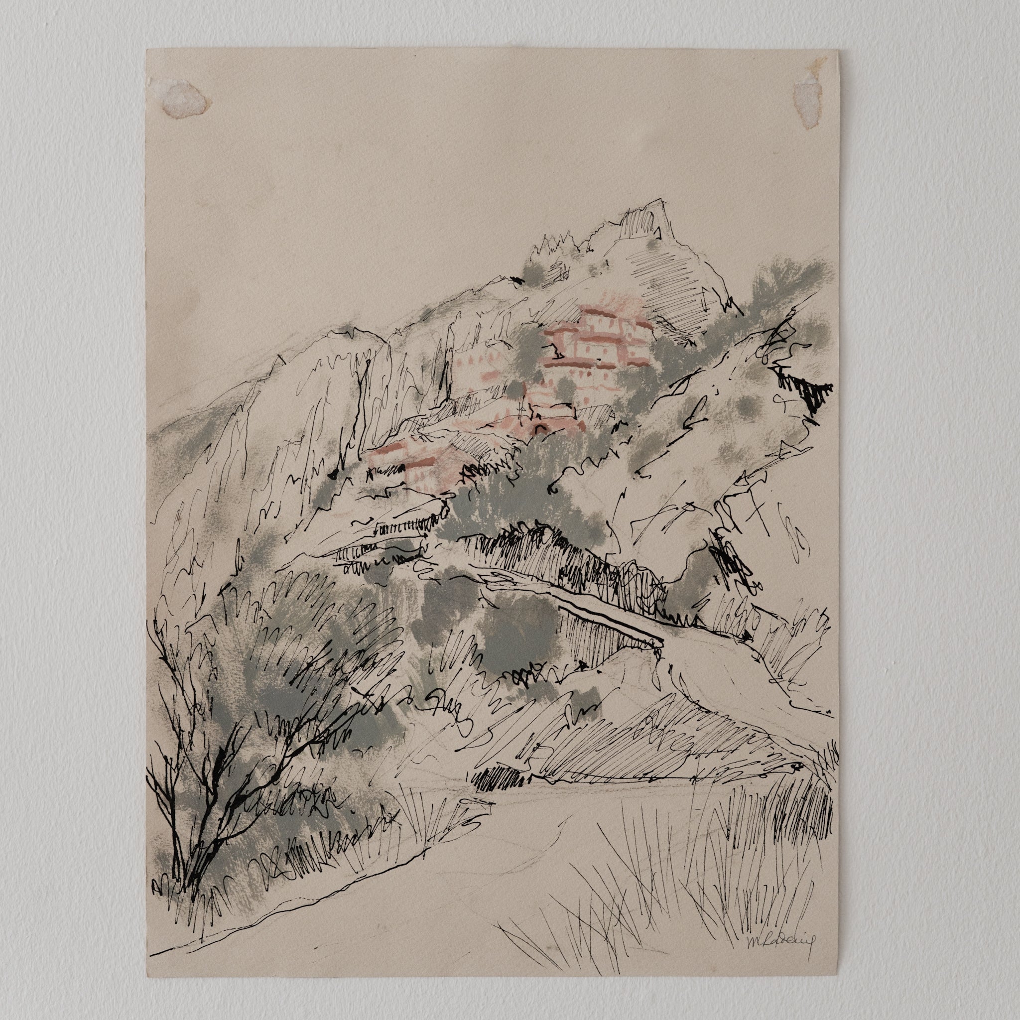 C.1970-1980 | French Cliffside Hamlet — Pen & Wash Drawing