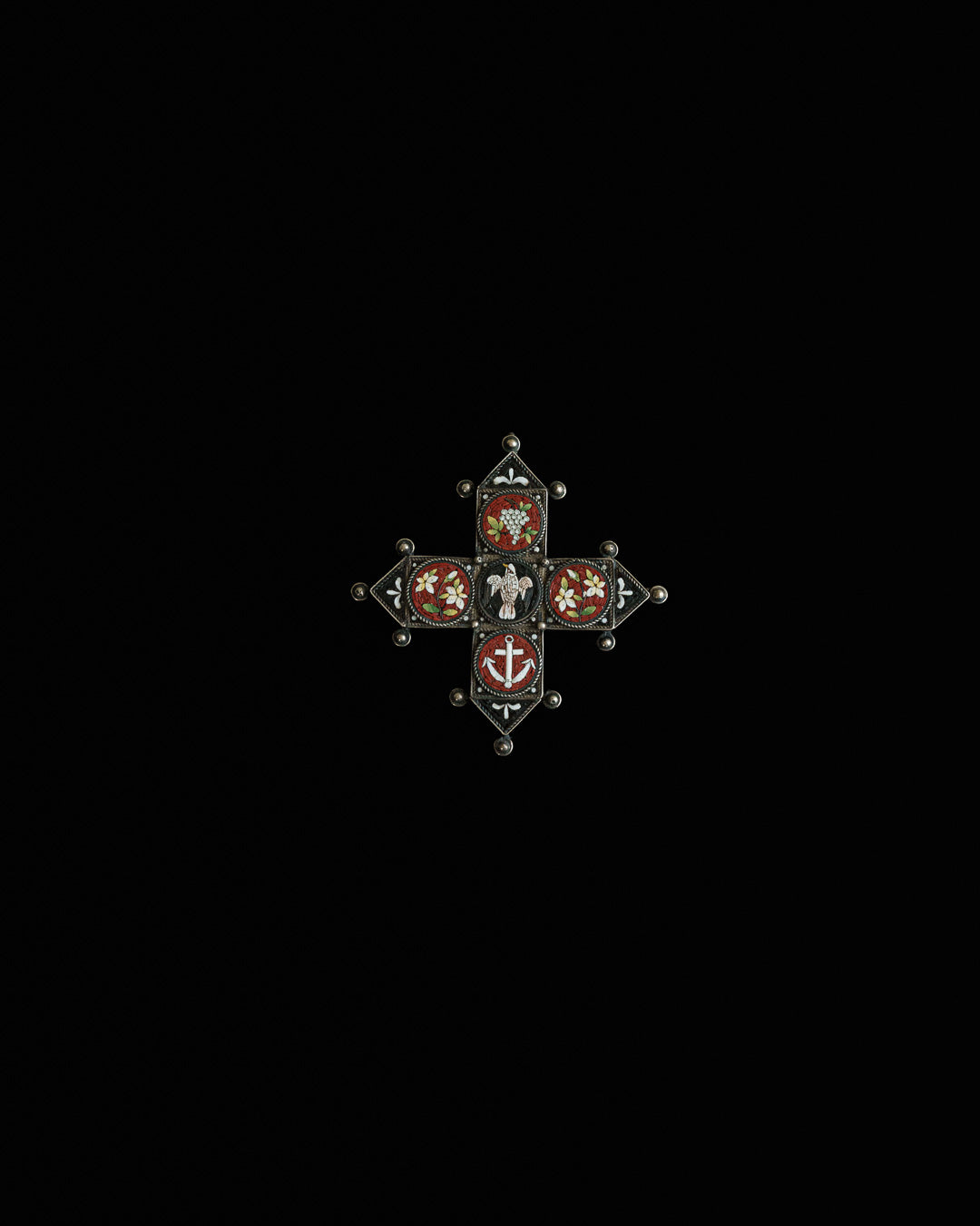 C.1900|Micro‑mosaic cross brooch with symbolic motifs, and a hidden compartment