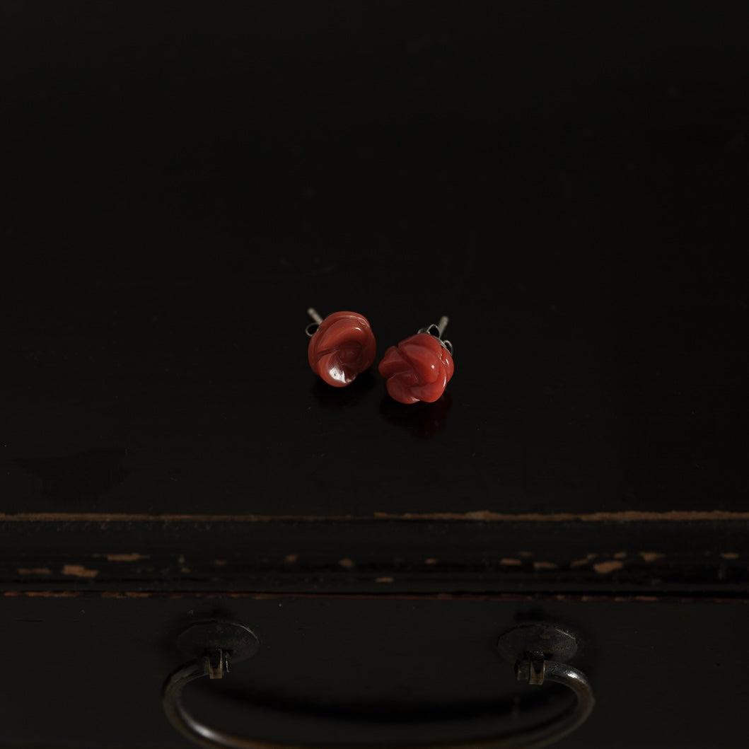 C.1940-1960 | Rose-Carved Coral Stud Earrings | Silver Posts