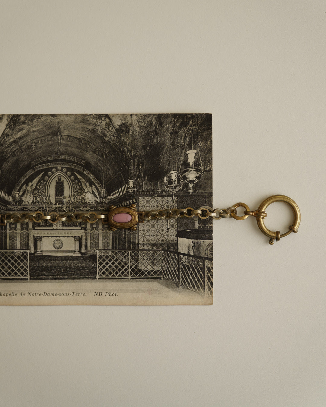 C.1920|Pink Glass & Brass Watch Chain Bracelet