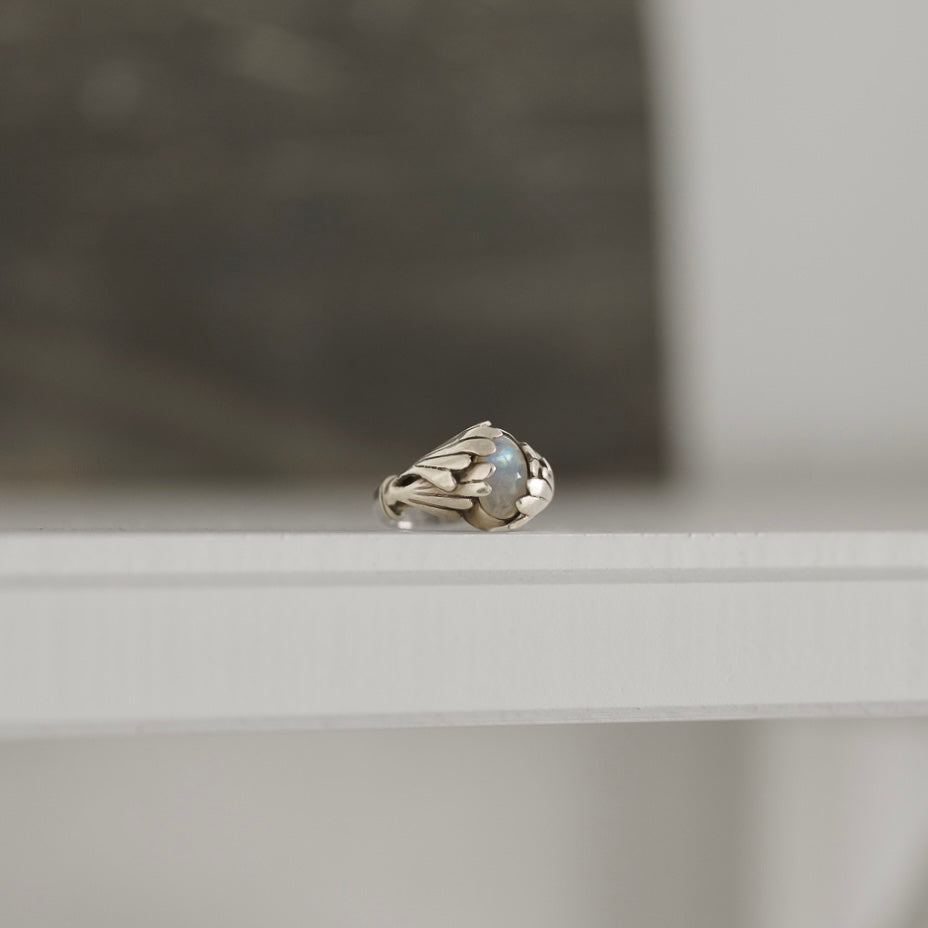 C.1970 | French Silver Angel Wings Ring with Moonstone