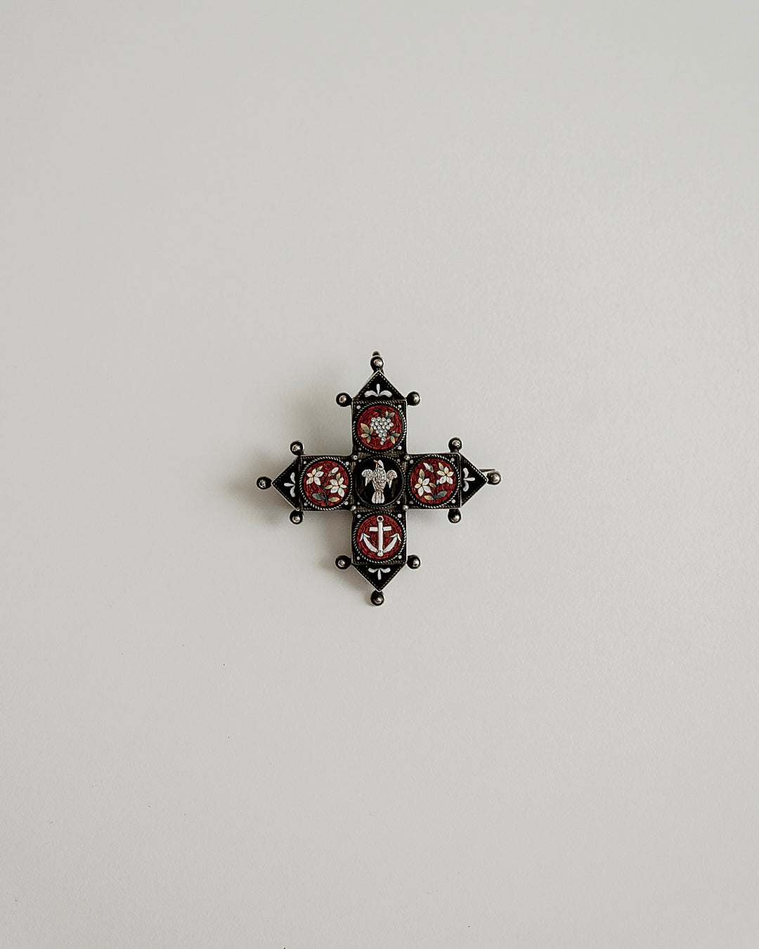 C.1900|Micro‑mosaic cross brooch with symbolic motifs, and a hidden compartment