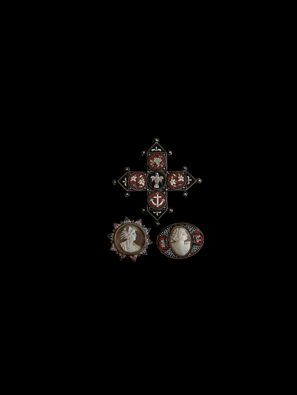 C.1900|Micro‑mosaic cross brooch with symbolic motifs, and a hidden compartment