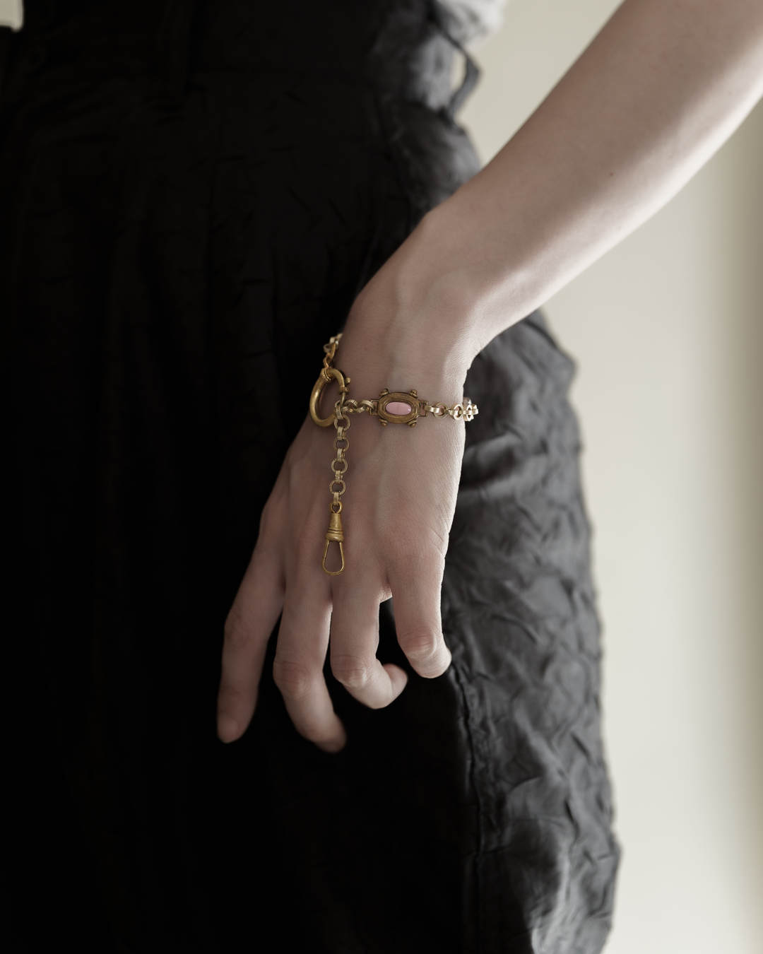 C.1920|Pink Glass & Brass Watch Chain Bracelet