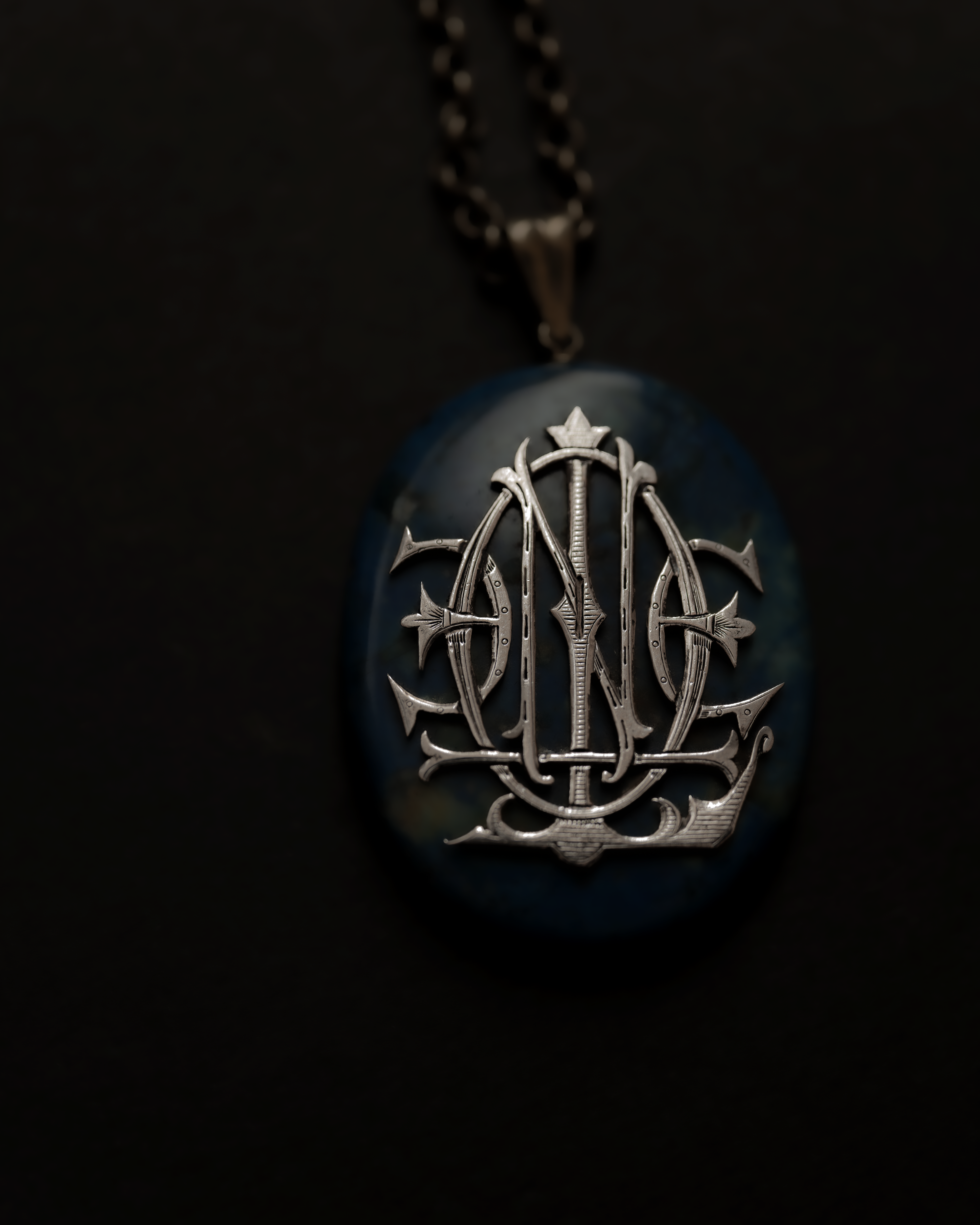 C.1900 Blue Marble Stone Silver Monogram Necklace