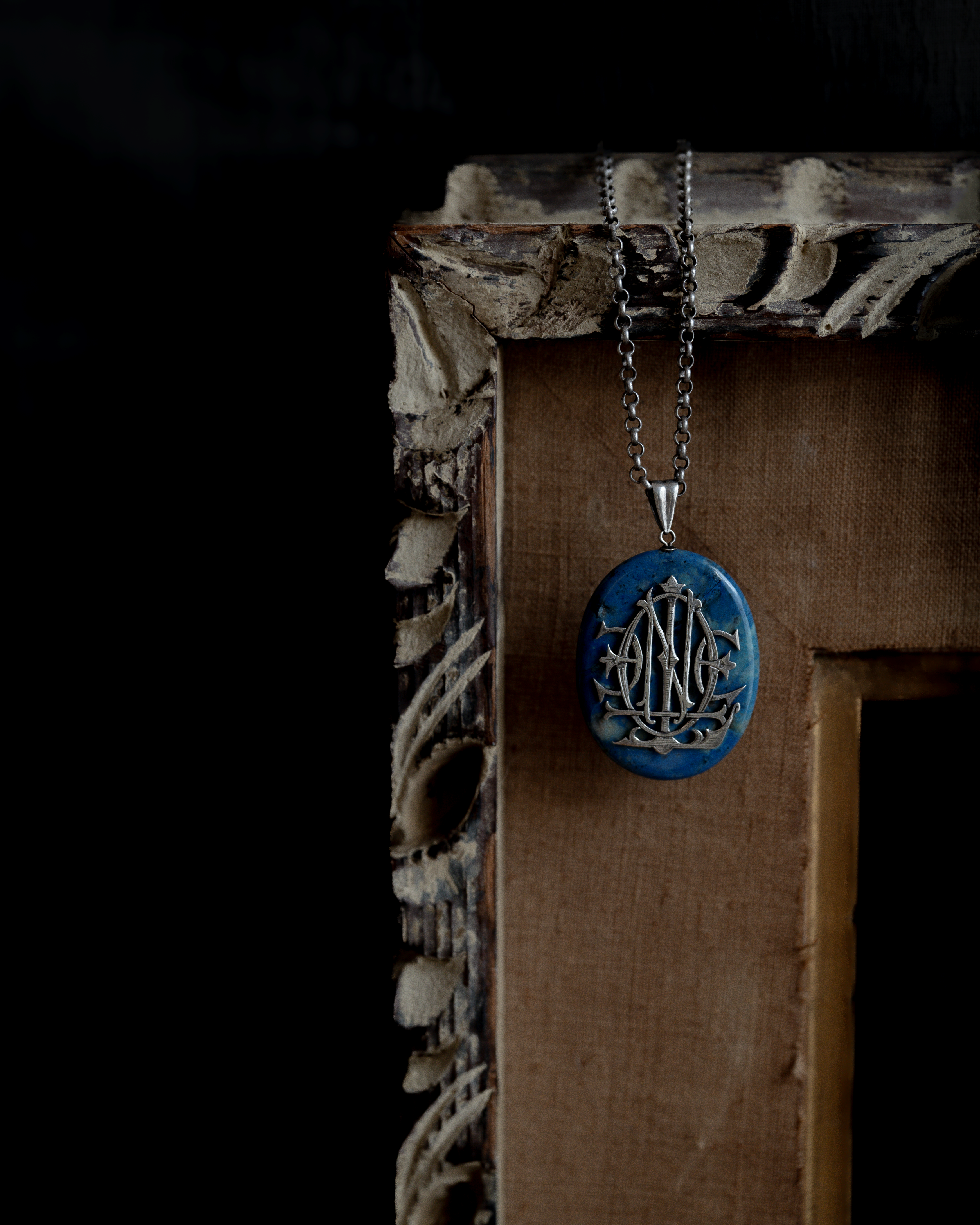 C.1900 Blue Marble Stone Silver Monogram Necklace