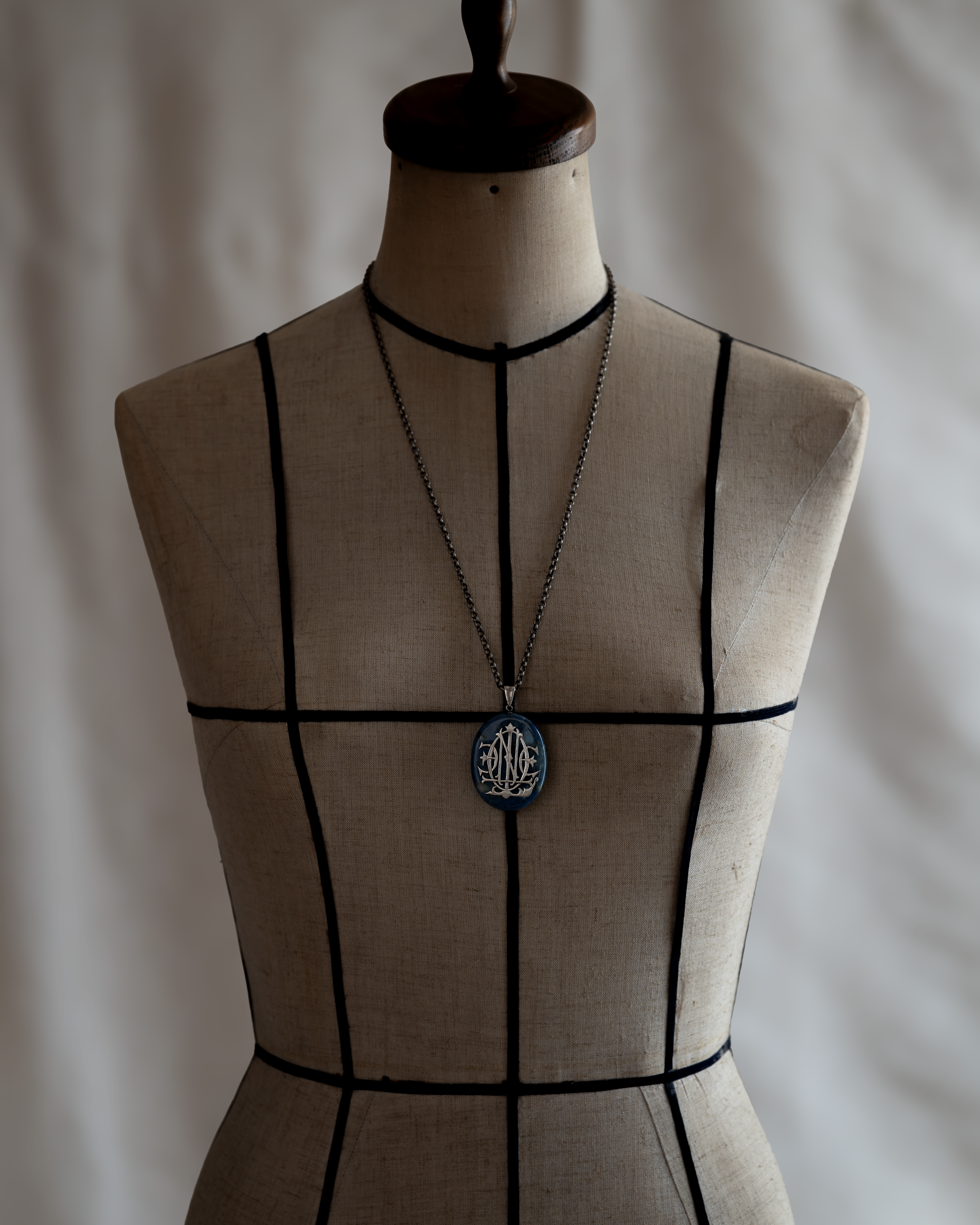 C.1900 Blue Marble Stone Silver Monogram Necklace