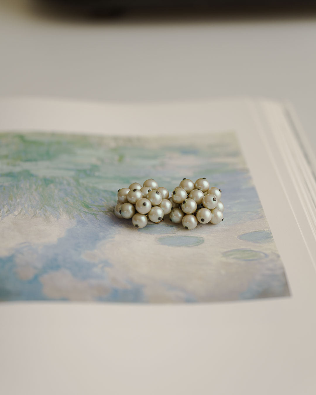 C.1940-|Blue Moon|Iridescent Pearl Cluster Earrings