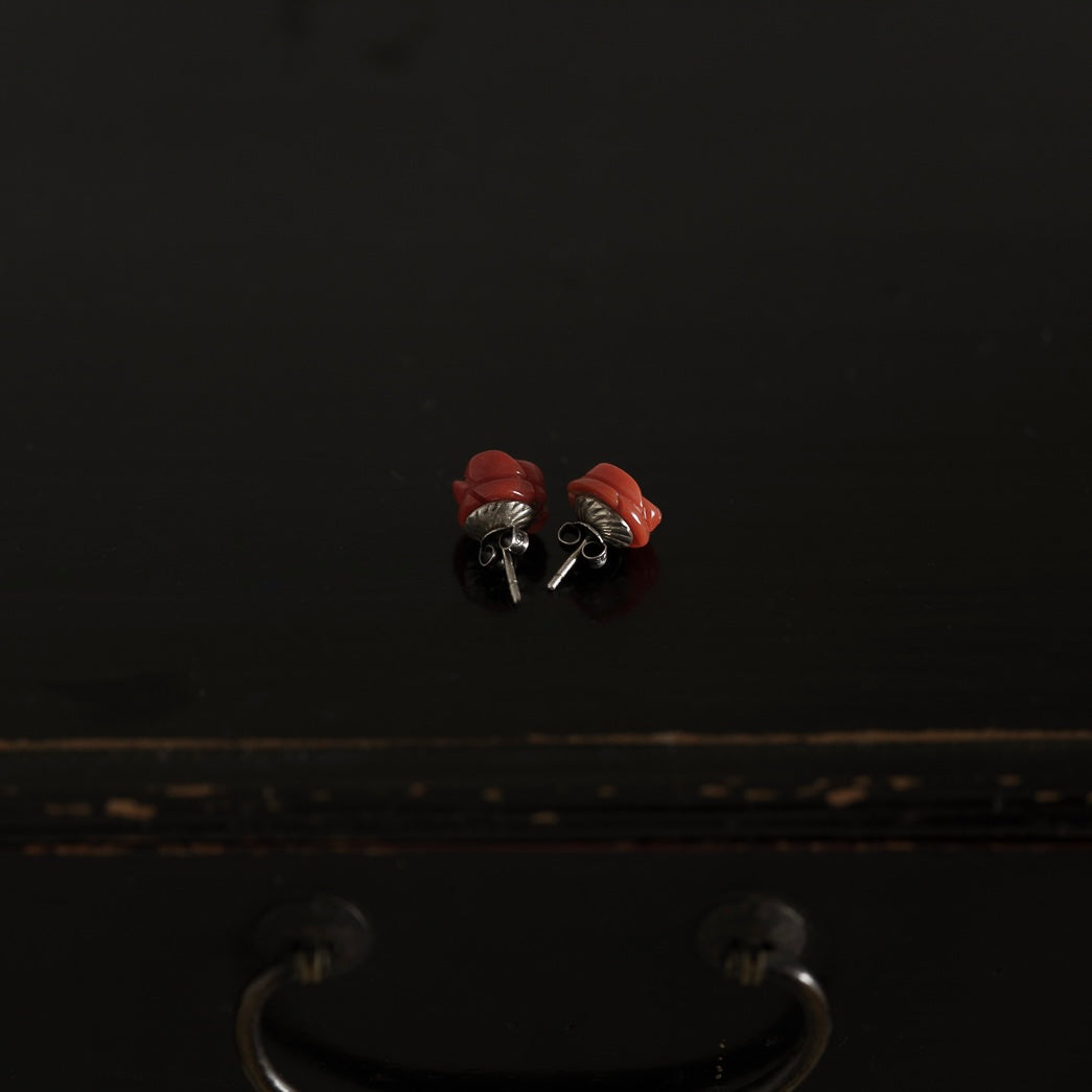 C.1940-1960 | Rose-Carved Coral Stud Earrings | Silver Posts