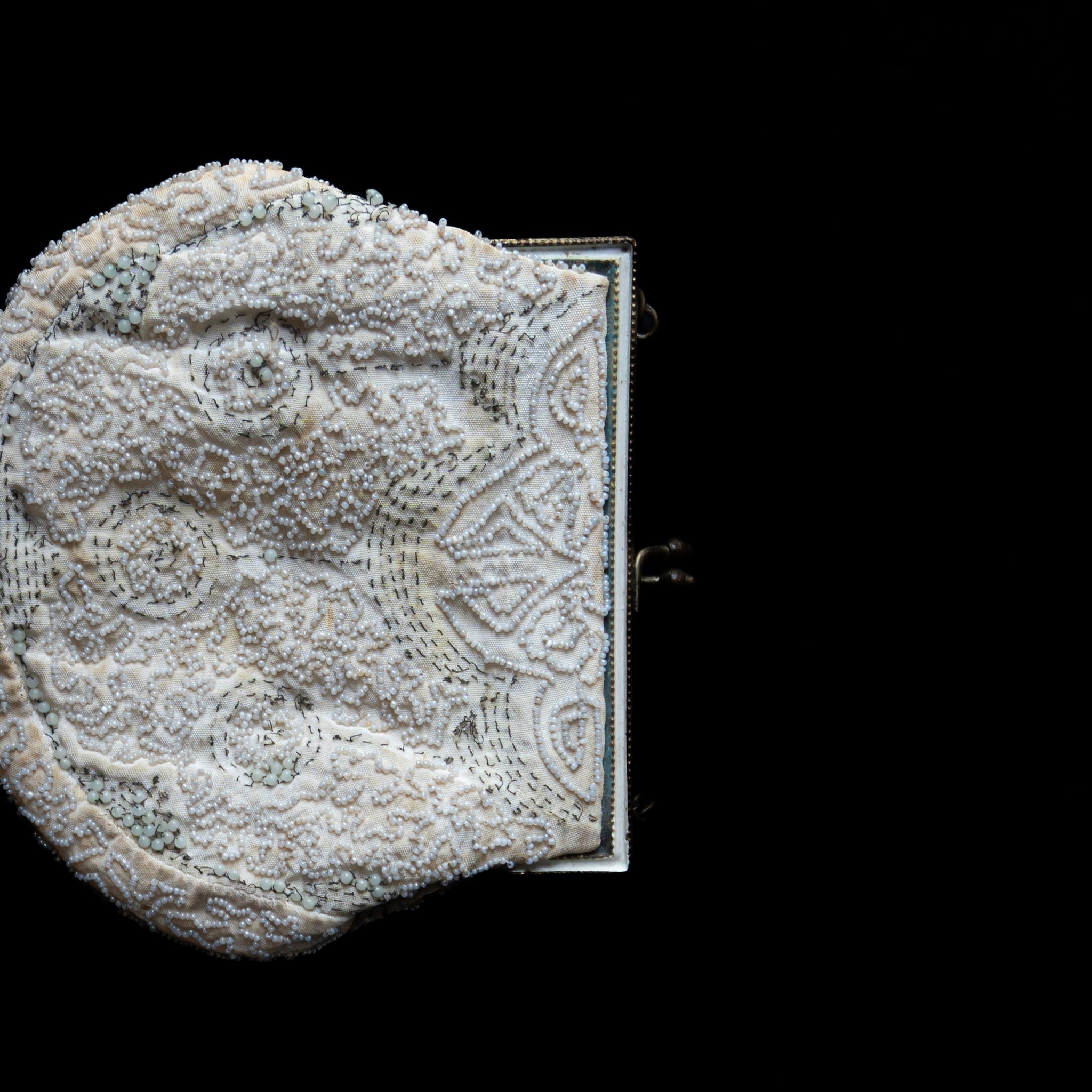 C.1930|French White Micro Beaded Hand Embroidered Purse