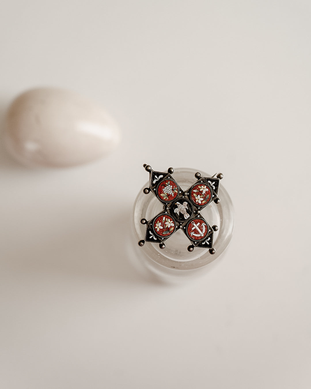 C.1900|Micro‑mosaic cross brooch with symbolic motifs, and a hidden compartment