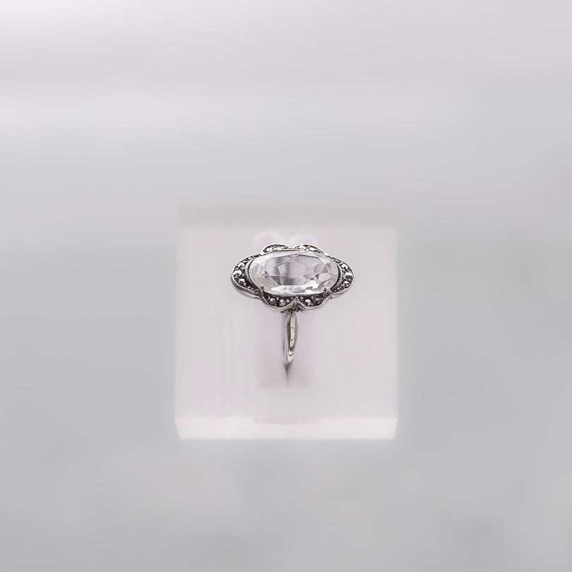 C.1920-1940｜Oval Clear Glass and Marcasite Silver Ring