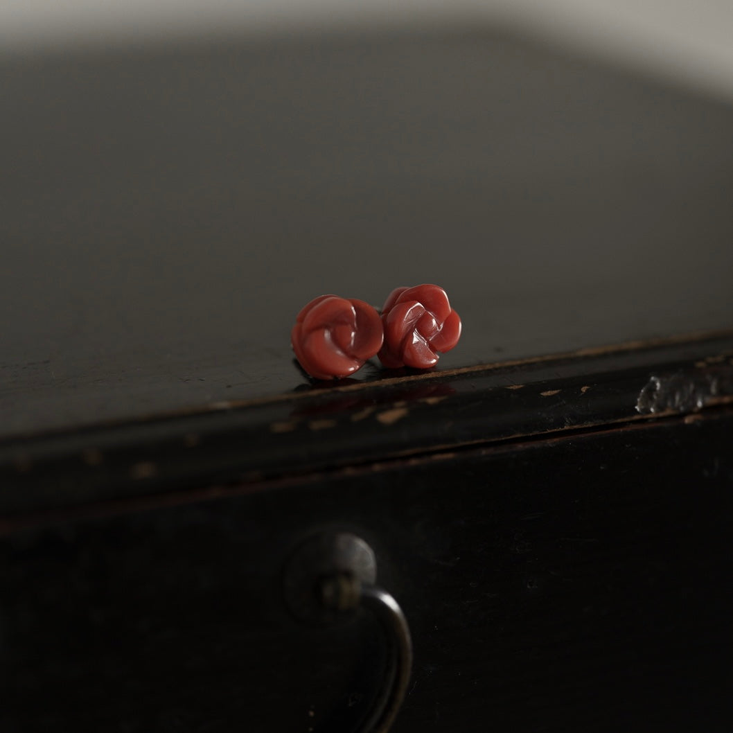 C.1940-1960 | Rose-Carved Coral Stud Earrings | Silver Posts