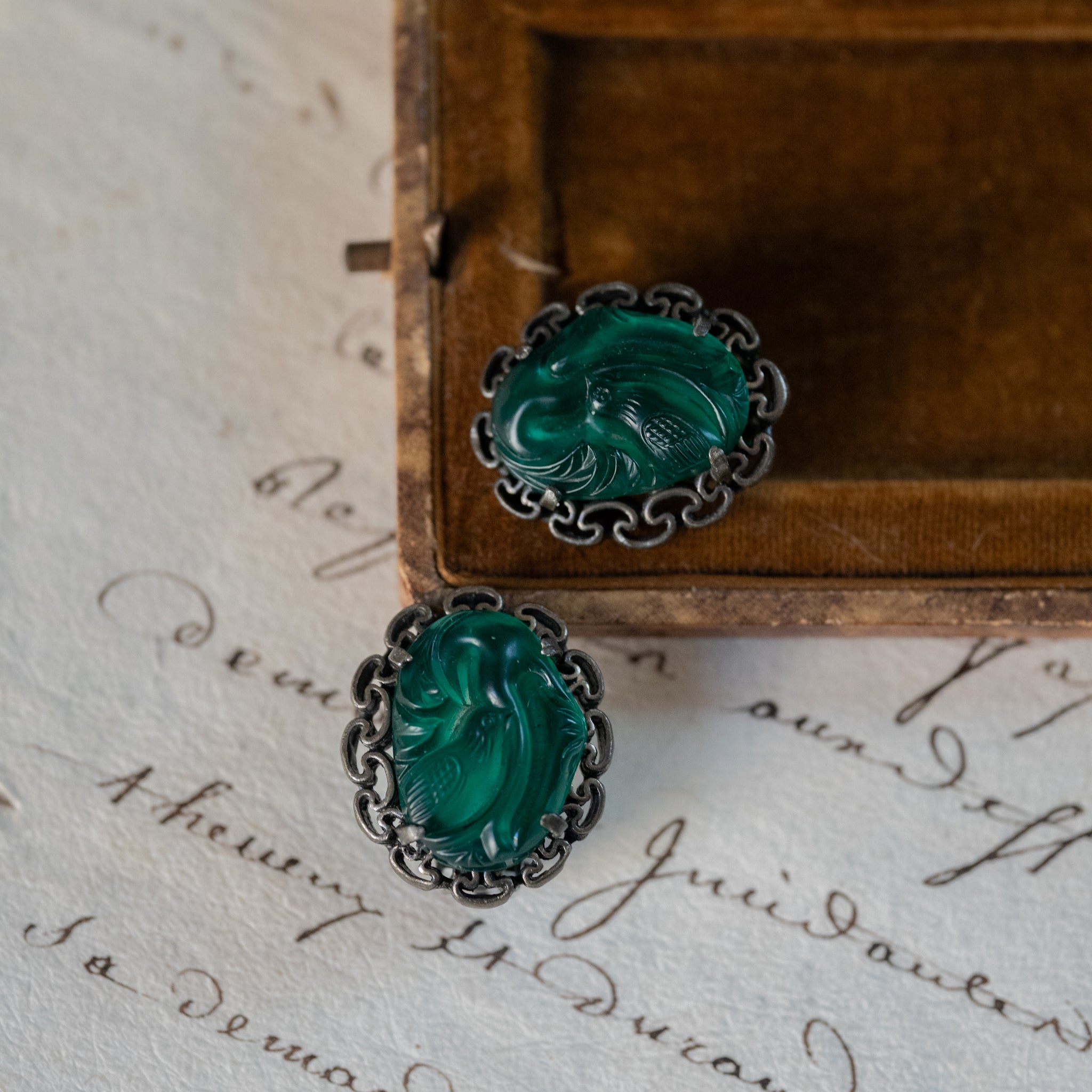 Chinoiserie Green Glass Little Bird Earrings