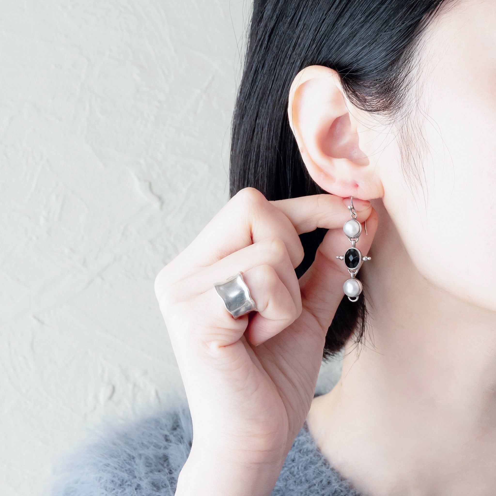 パール&オニキス シルバー ピアス