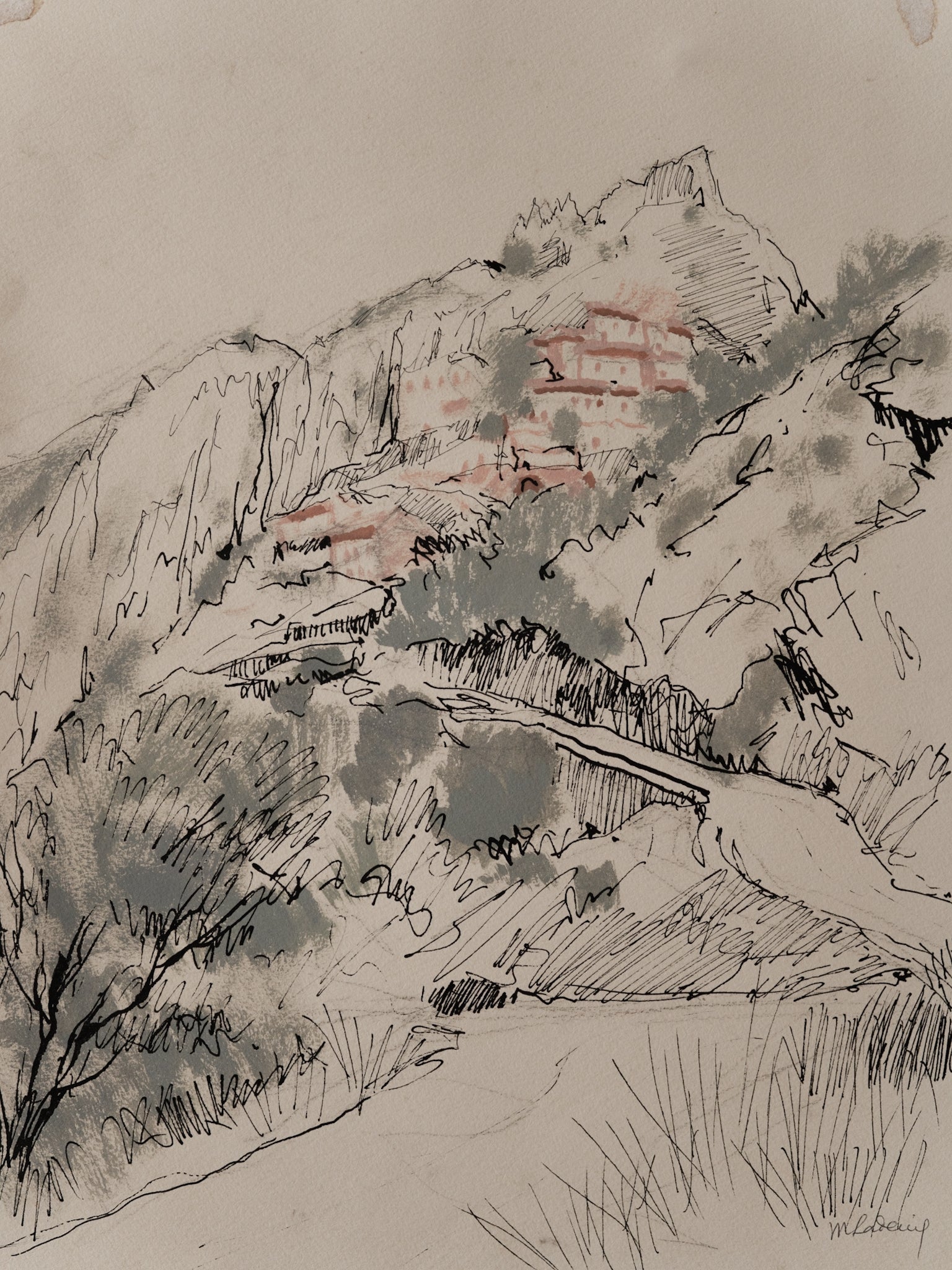 C.1970-1980 ｜ French Cliffside Hamlet — Pen & Wash Drawing