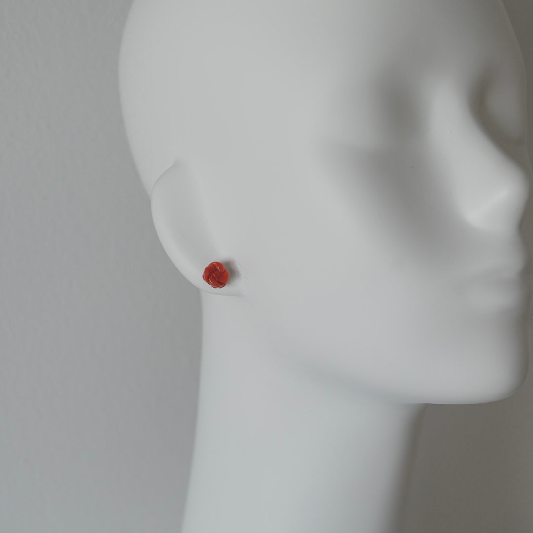 C.1940-1960 | Rose-Carved Coral Stud Earrings | Silver Posts