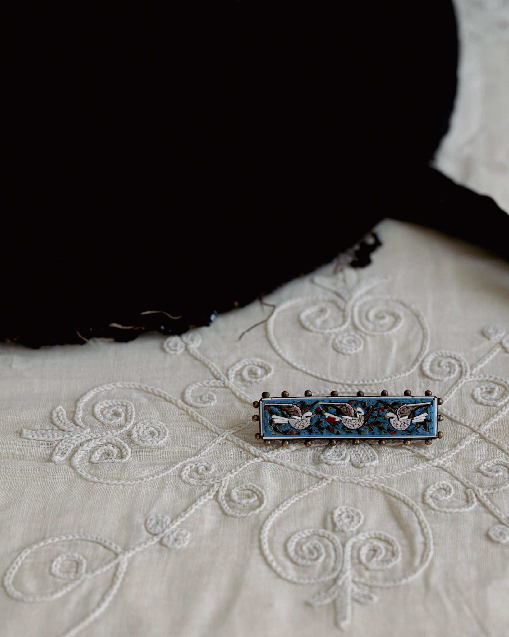 C.1900s White Birds Micro Mosaic Brooch