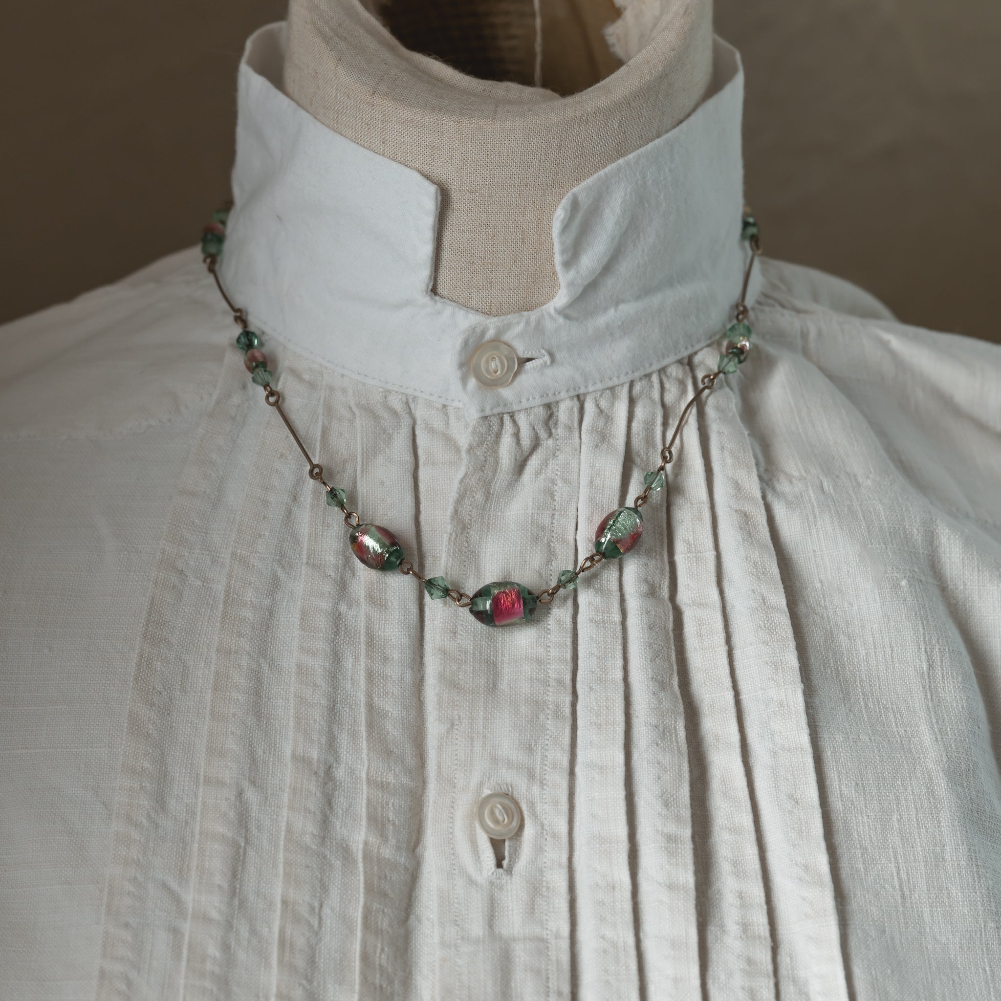 Czech Green Pink Glass Necklace