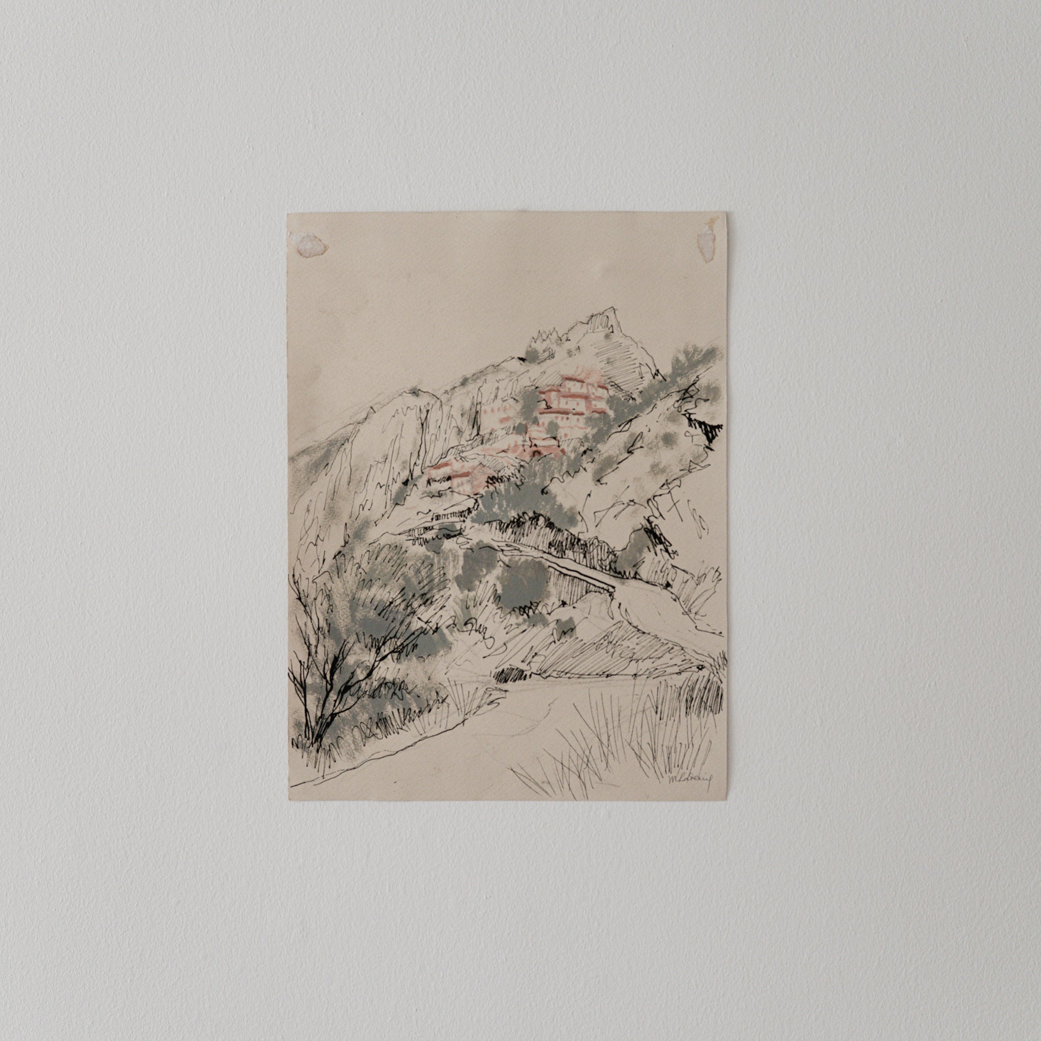 プリマヴェーラ　ジャンゴ　スケッチ原画 C.1970-1980 ｜ French Cliffside Hamlet — Pen & Wash Drawing