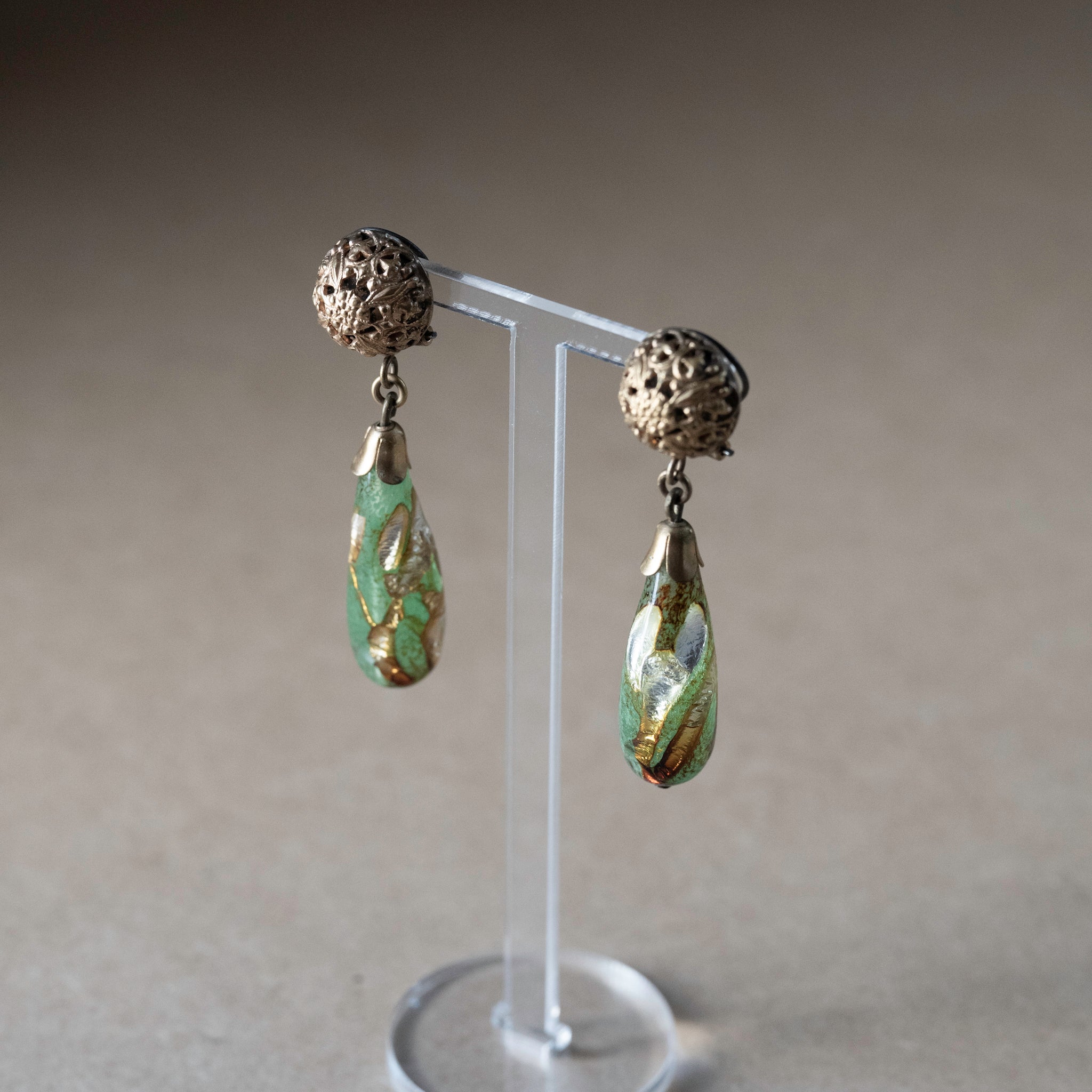 Foil Glass Filigree Drop Earring