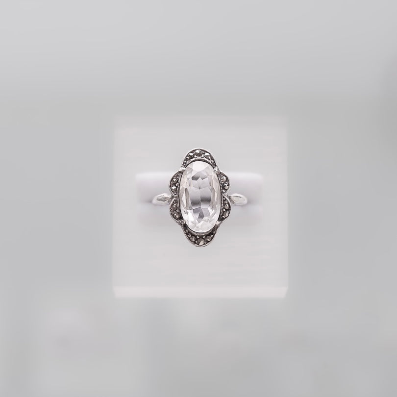 C.1920-1940｜Oval Clear Glass and Marcasite Silver Ring