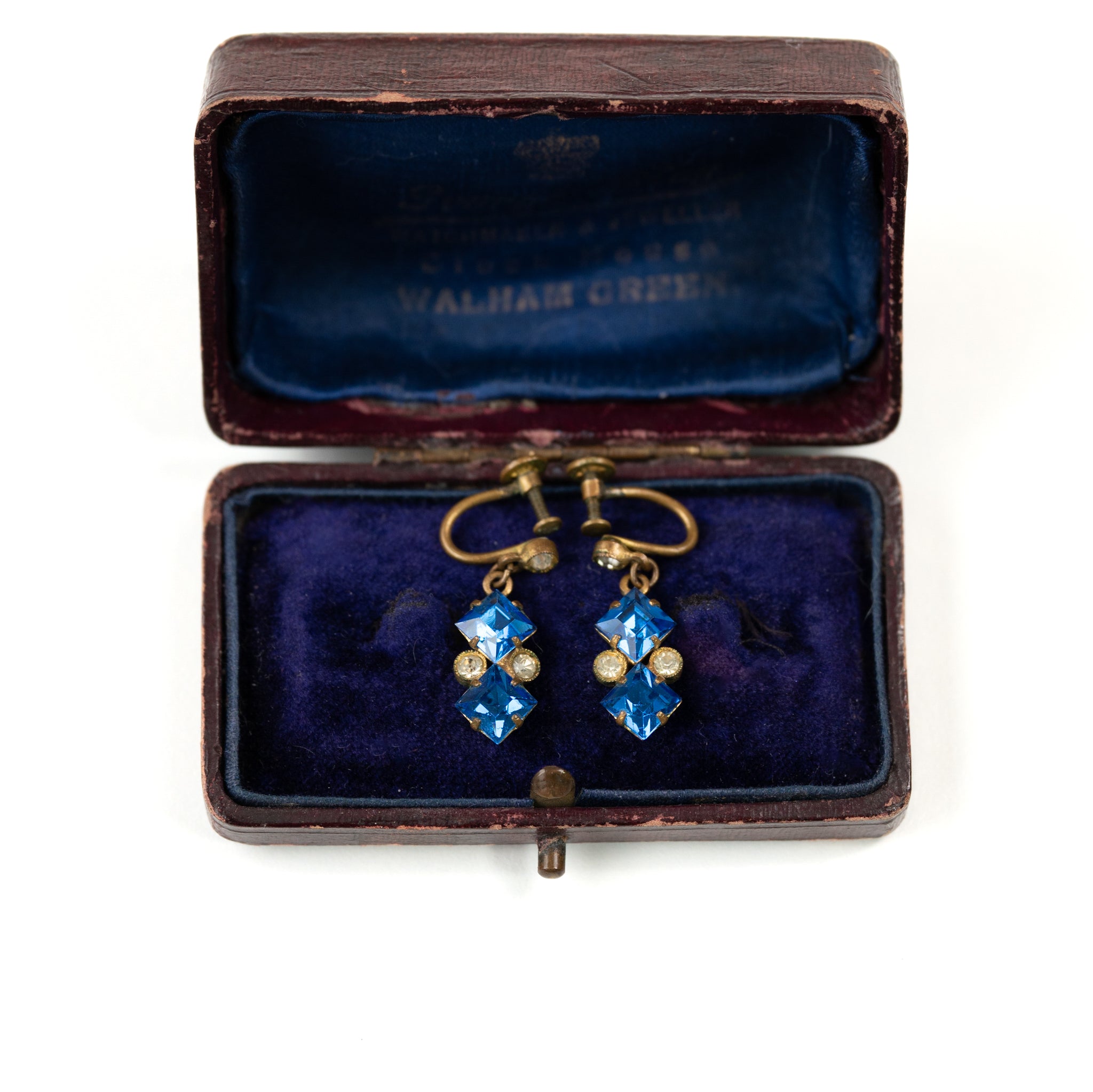 Antique Blue Clear Glass Square Earrings
