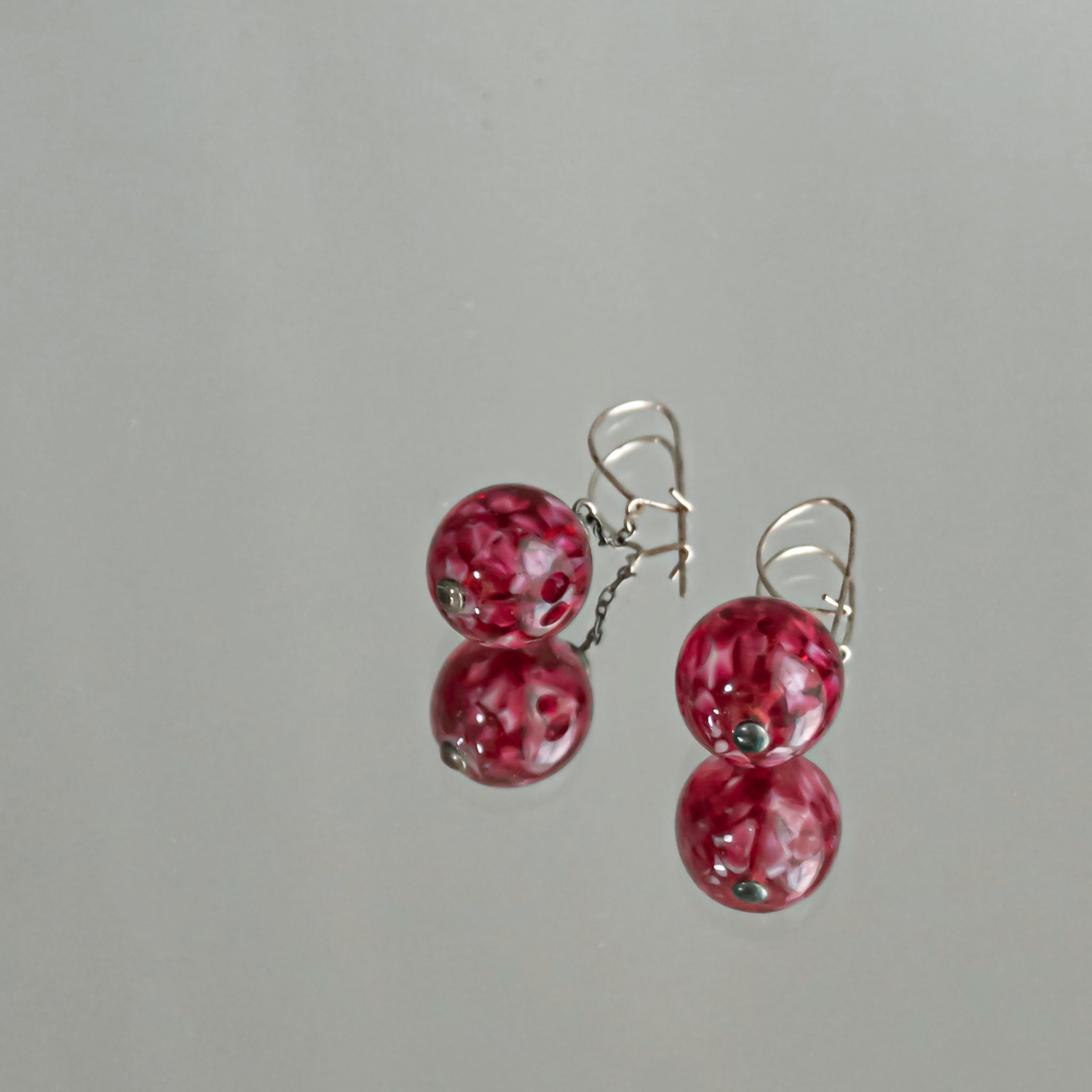 C.1930s Berry Red Marble Glass Pierced Earrings