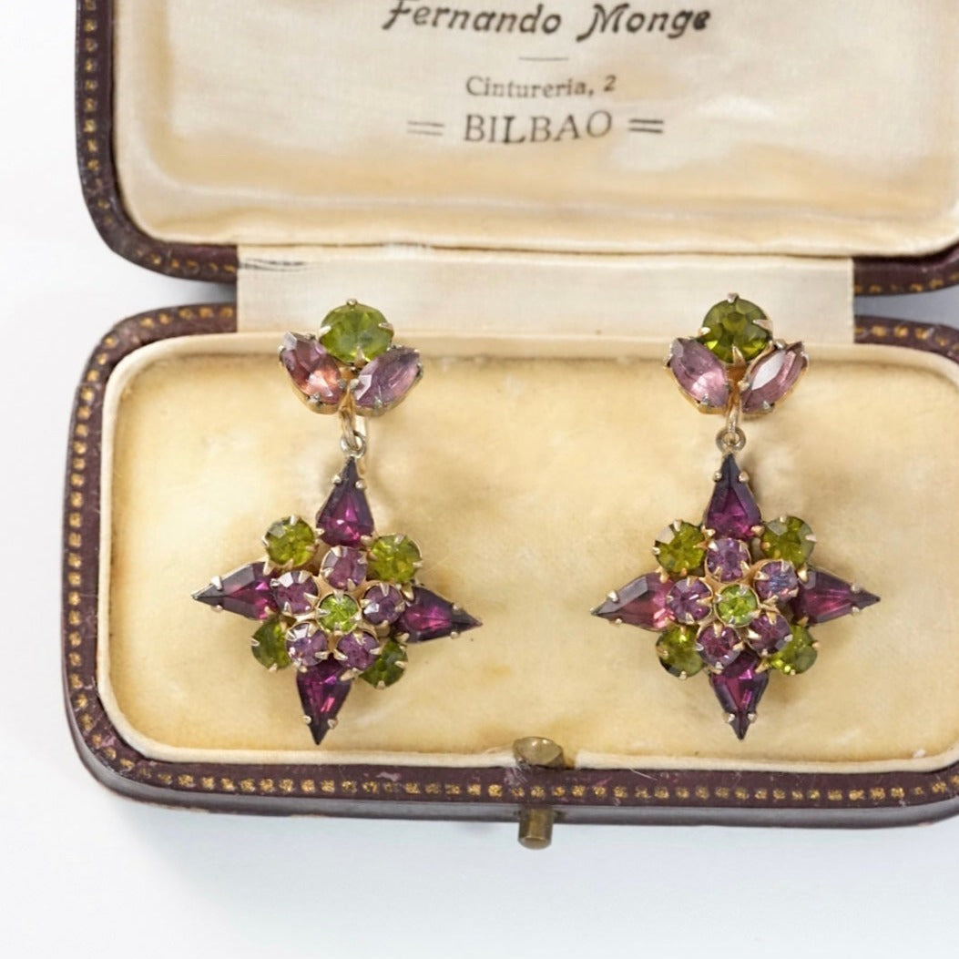 Peridot Green Purple Glass Drop Earrings