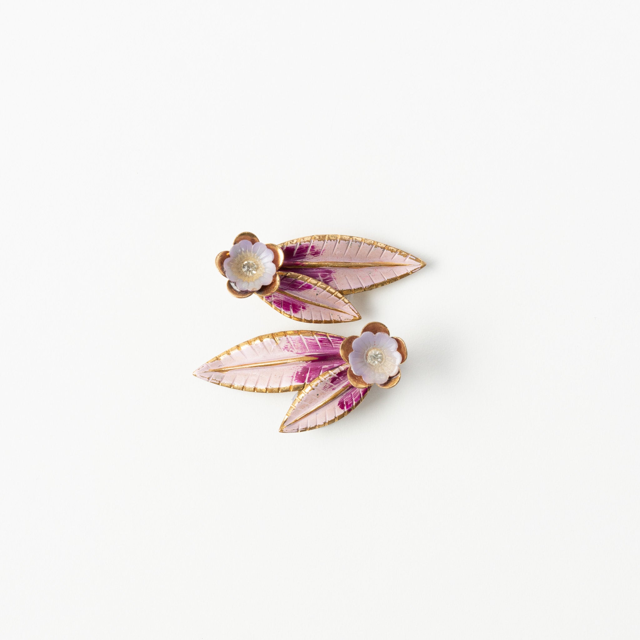 West Germany Pink Purple Flower Enamel Earrings
