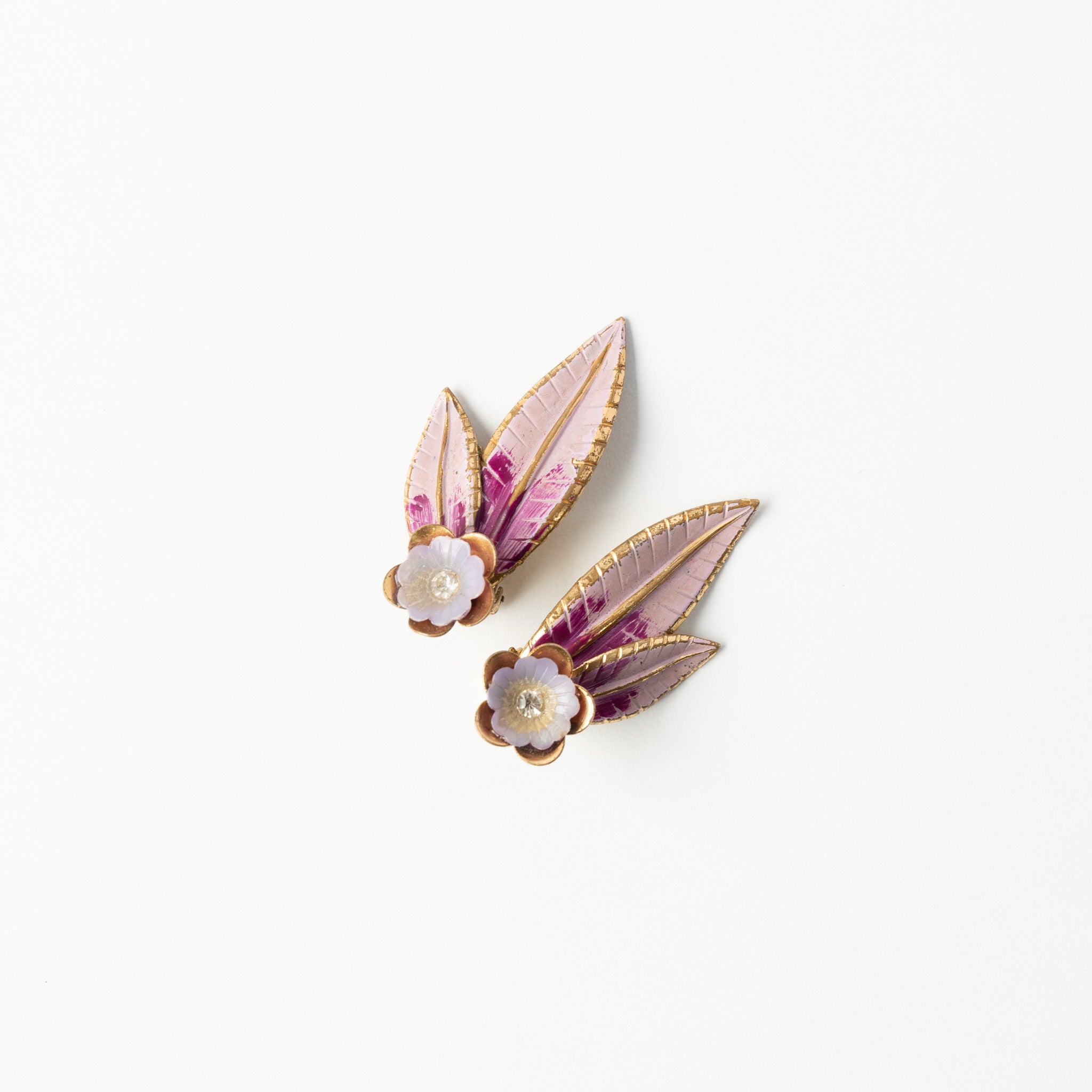 West Germany Pink Purple Flower Enamel Earrings