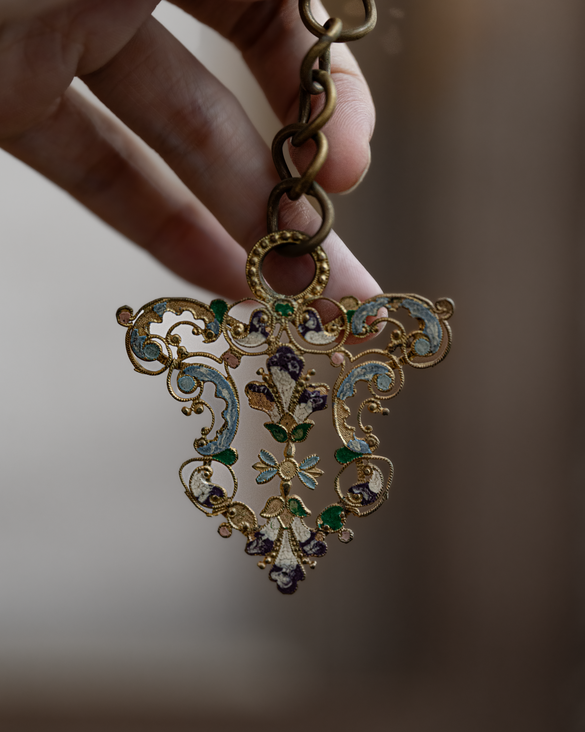 French Iris Enamel Gold Tone Pendant Top
