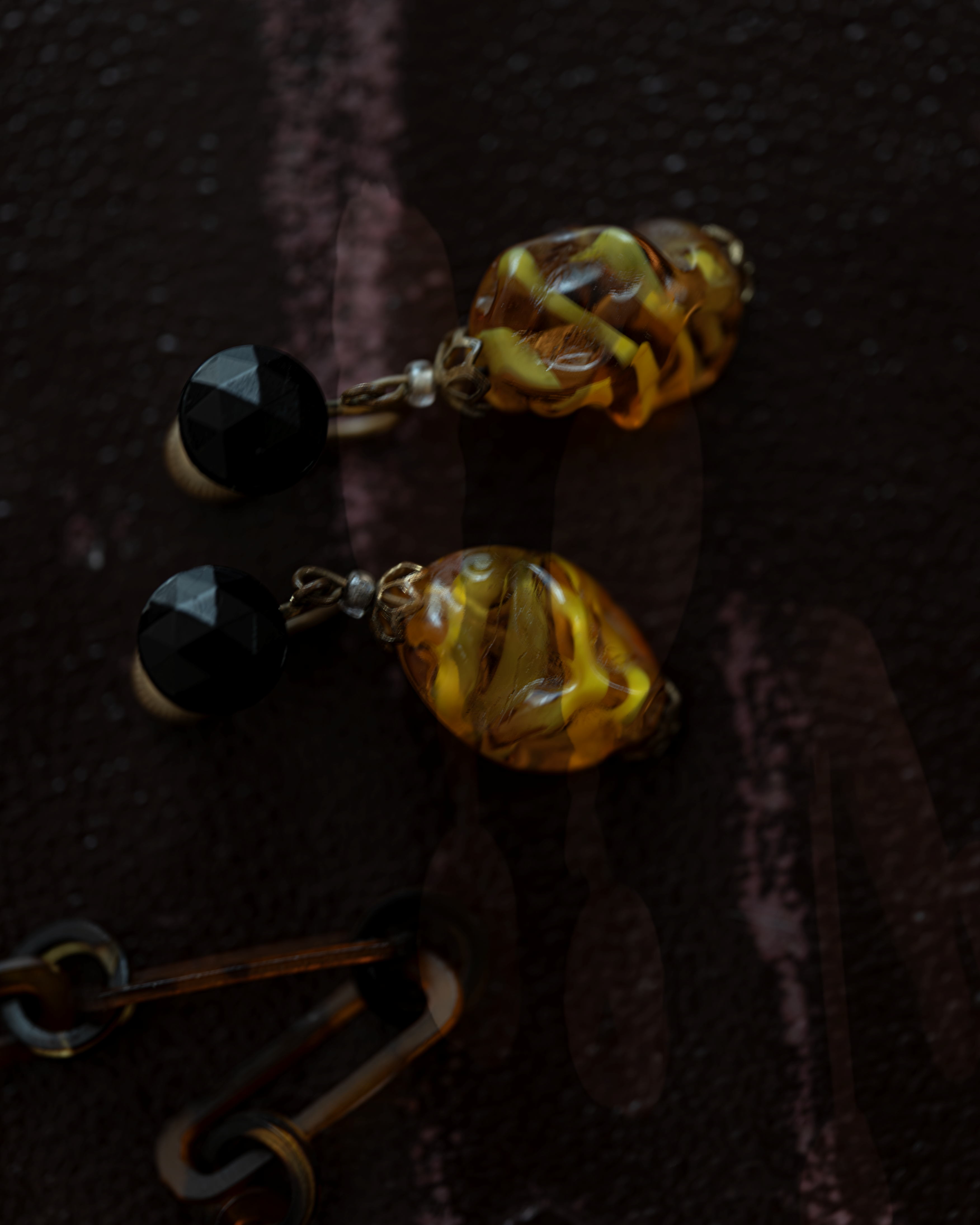 Honey Yellow Marble and Black Glass Earrings