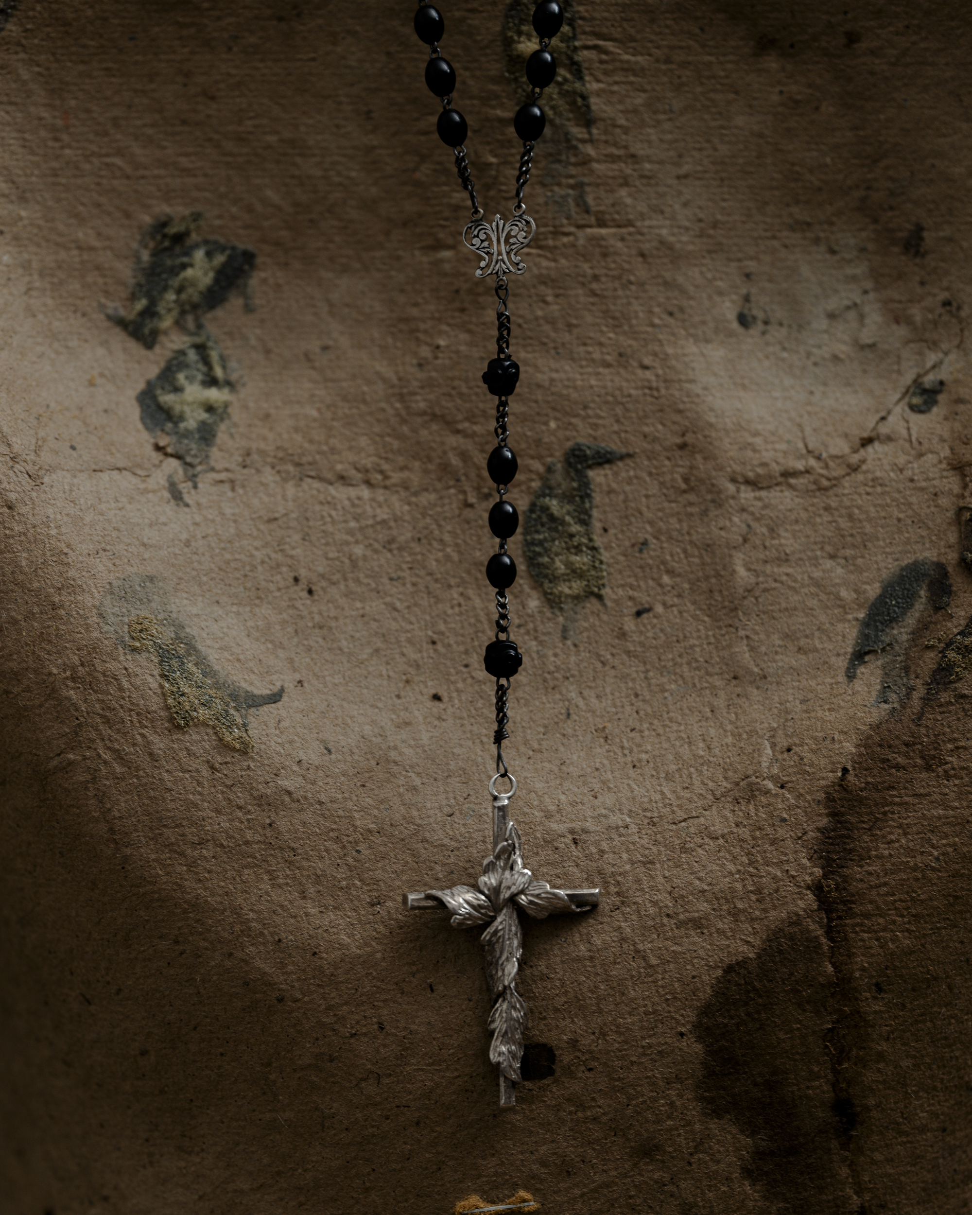 Black Wooden Beads Rosary with Silver Leaf Cross